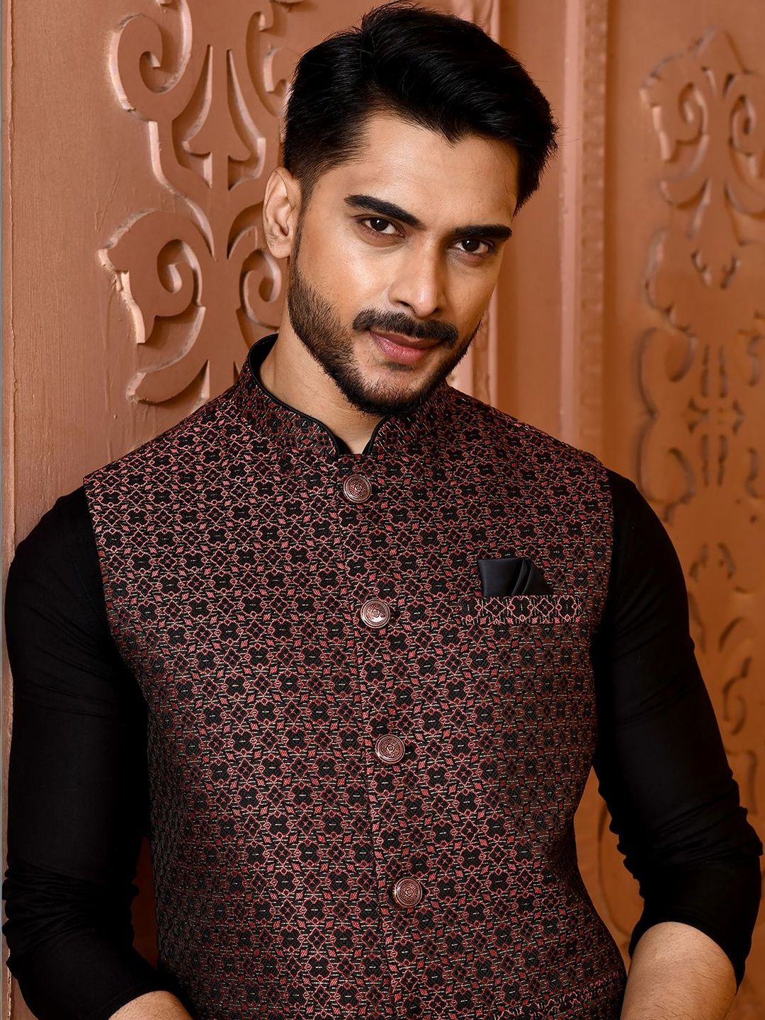 TRENDS OF ETHNIC Woven Design Mandarin Collar Nehru Jacket