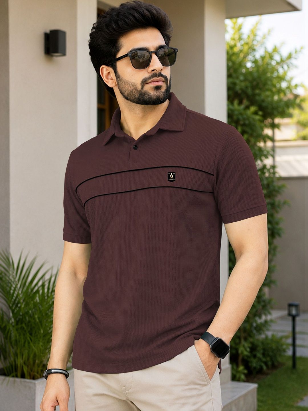 VeBNoR Men Brand Logo Polo Collar Pockets T-shirt