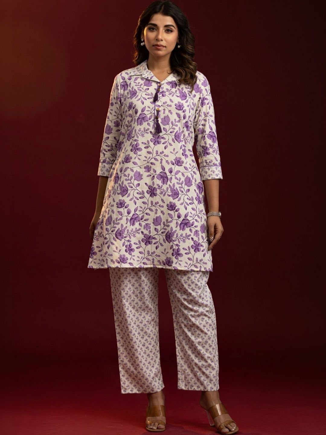 VEDANA Floral Cotton Printed Tunic with Trousers