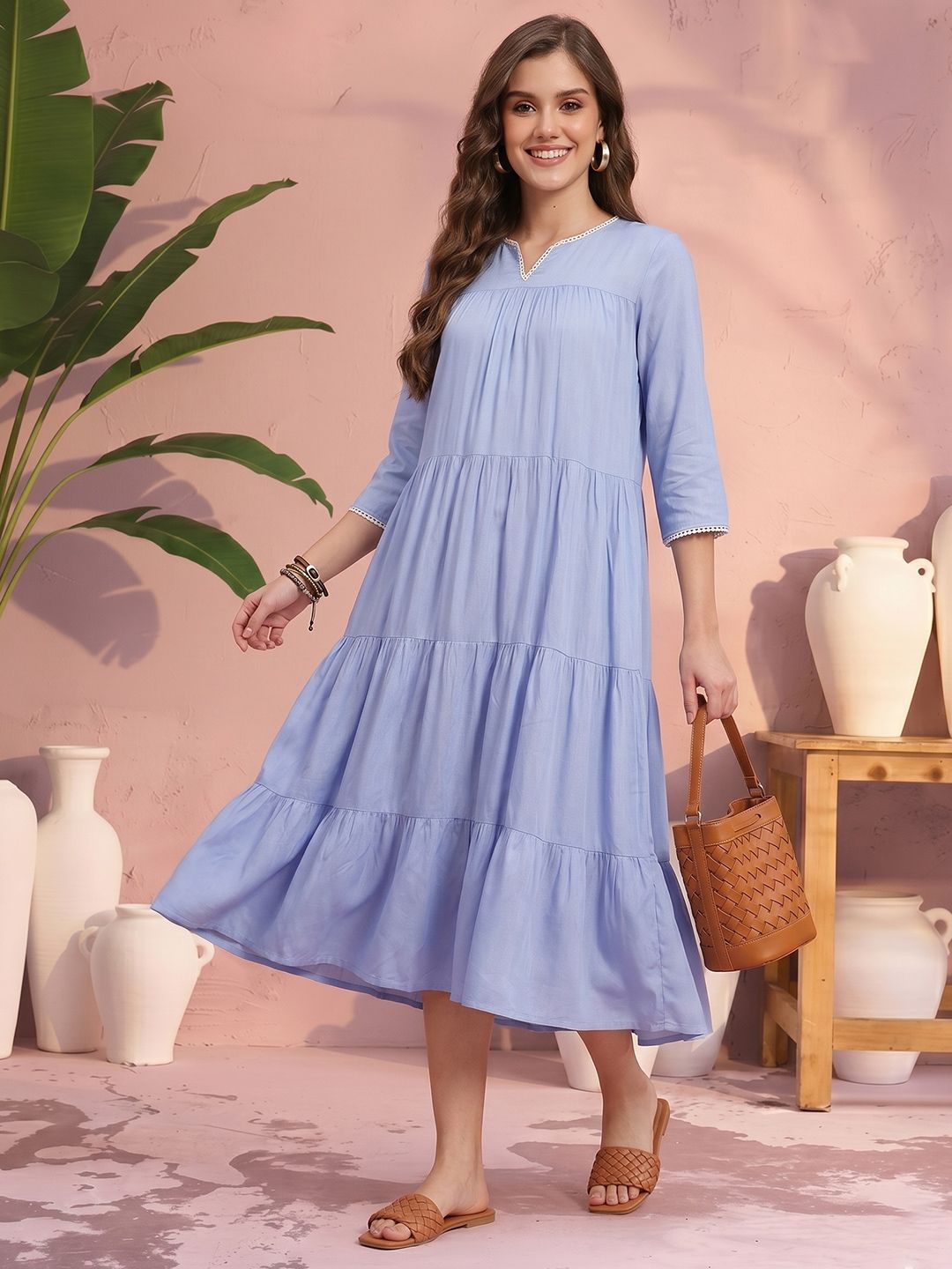 Sangria Lace Detail Tiered Midi A-Line Dress