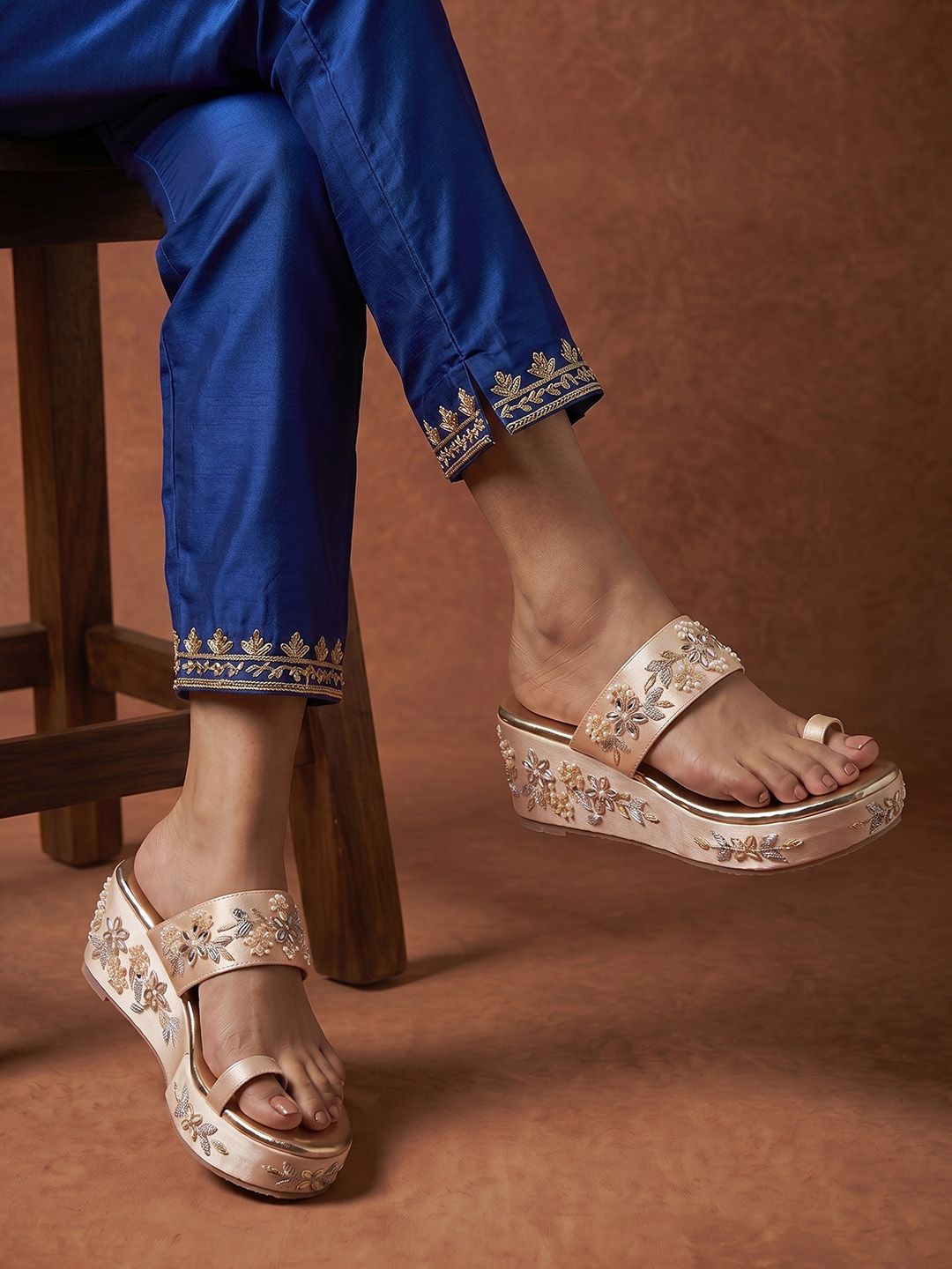 House of Pataudi Ethnic Embellished Beaded Wedge Heeled Sandals