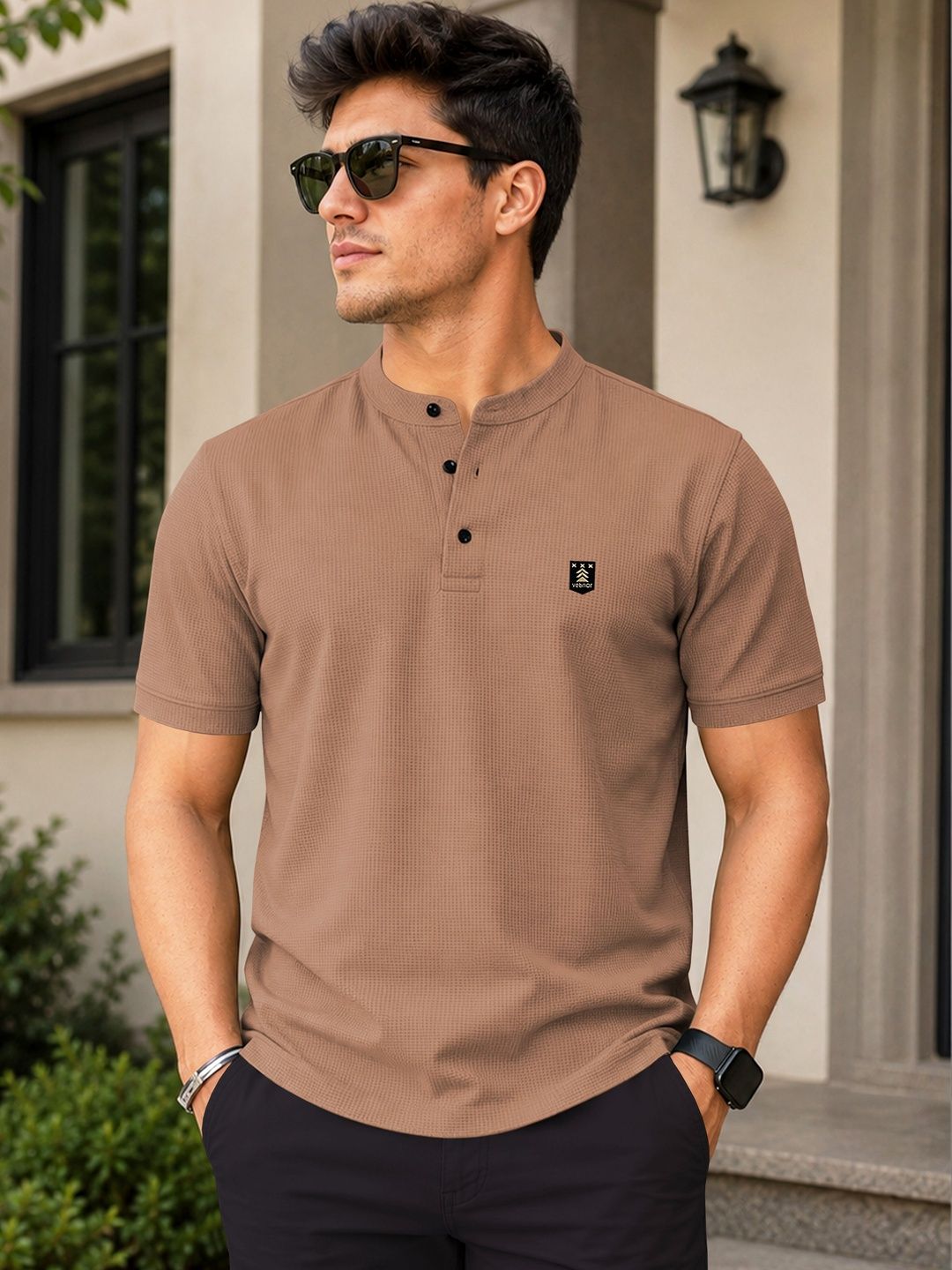 VeBNoR Mandarin Collar Pockets T-shirt