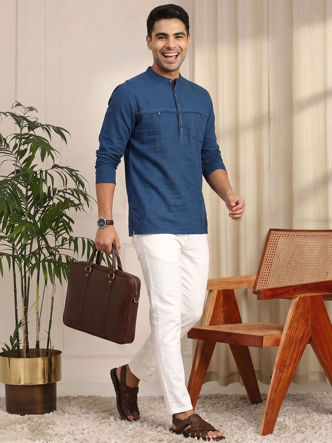 Anouk Men Navy Blue Thread Work Short Kurta