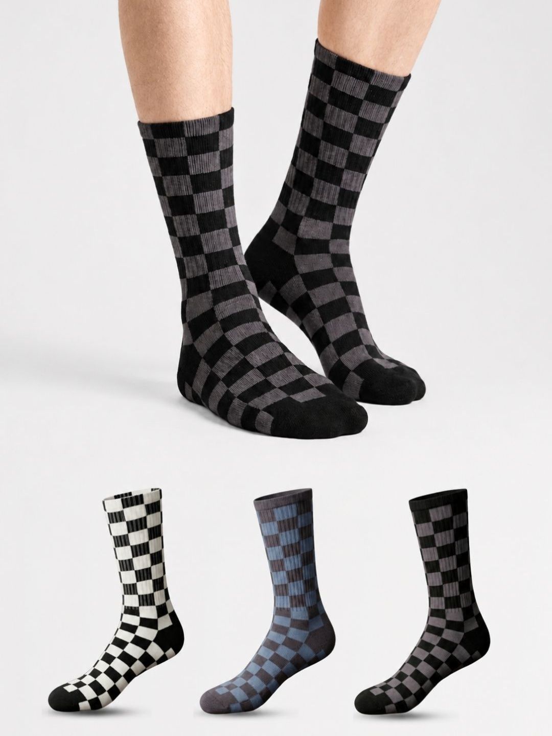 Sockscarving Men Pack of 3 Cotton Checked Calf Length Socks