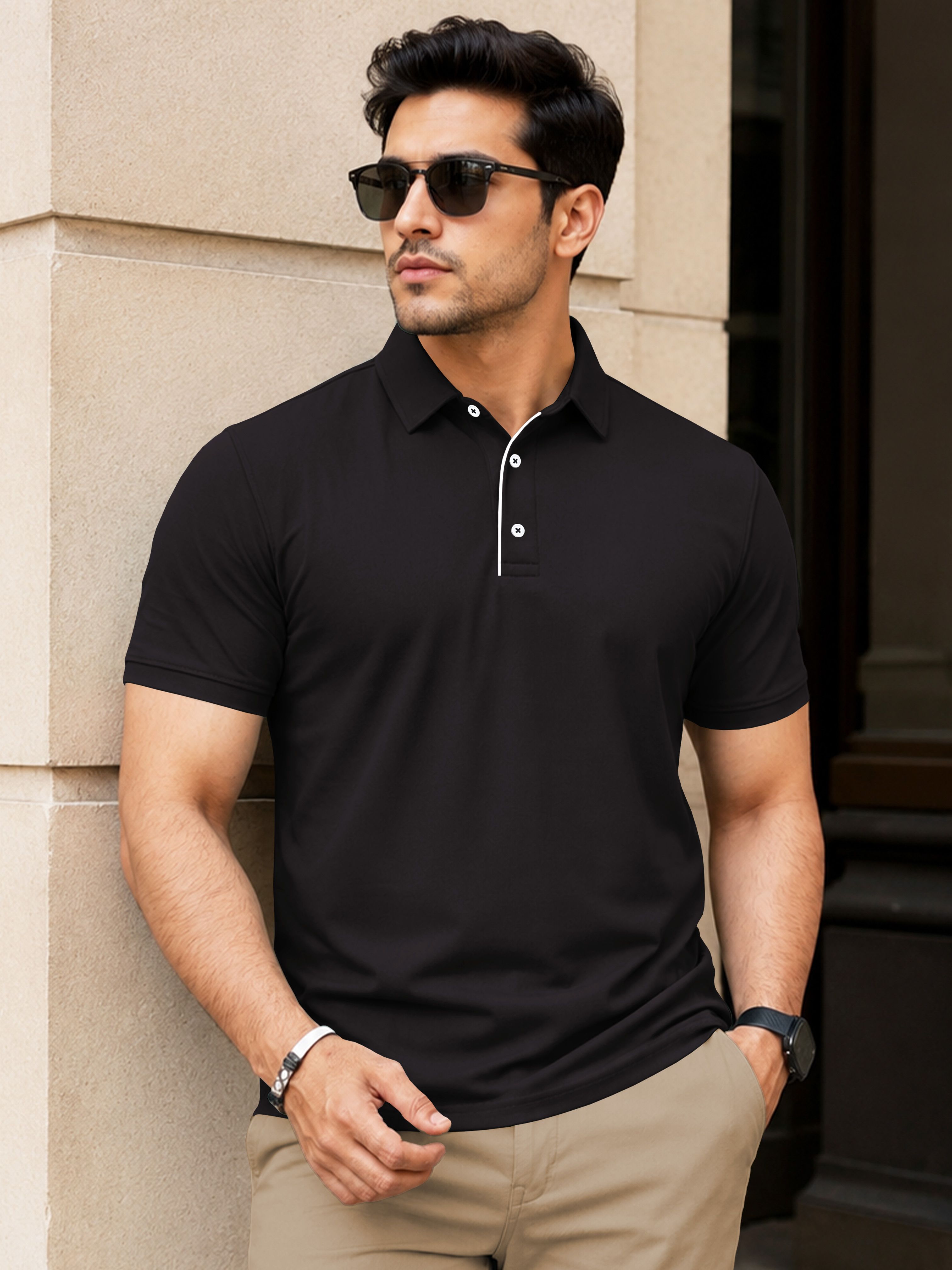 VeBNoR Men Solid Polo Collar Short Sleeves Slim Fit Casual T-shirt