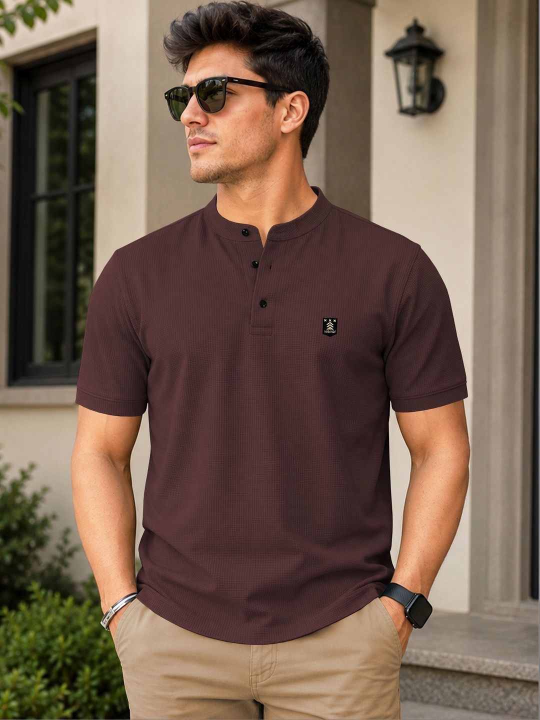 VeBNoR Men Mandarin Collar Pockets T-shirt