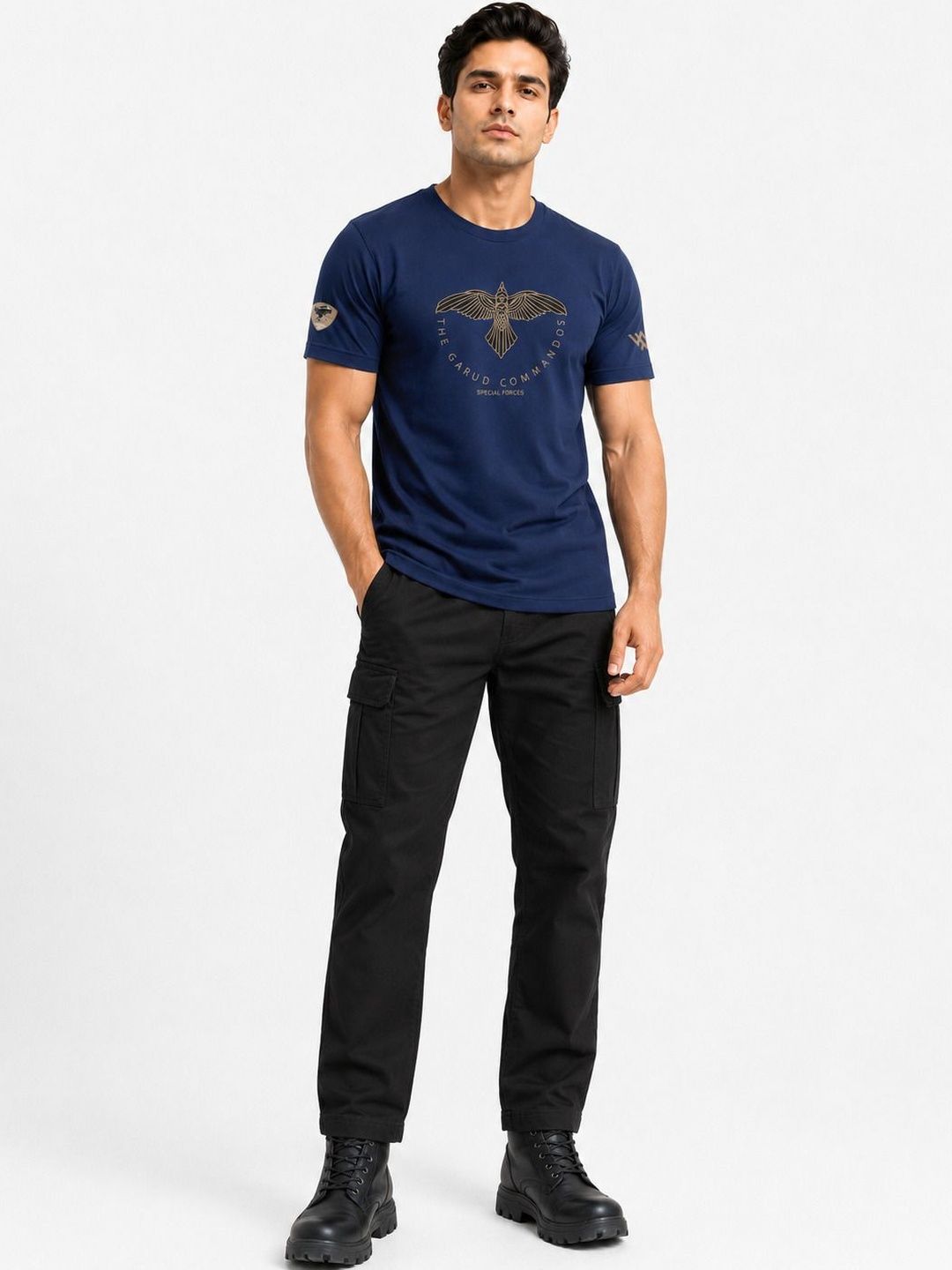 Warrior World Men Navy Blue Graphic Printed Cotton Round Neck T-shirt