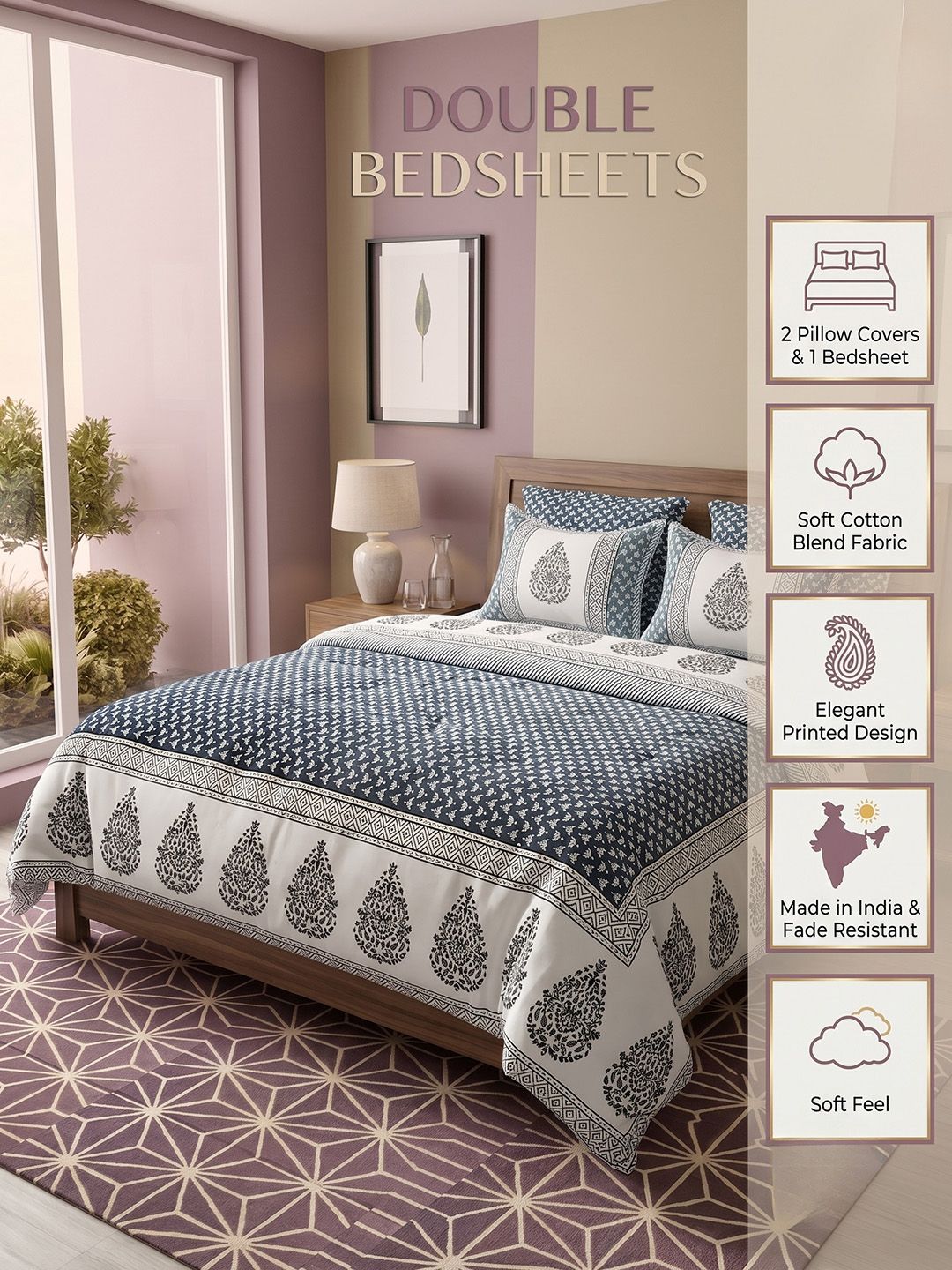 Adwitiya Adwitiya Blue & White Floral Printed 220 TC Double Queen Bedsheet Set