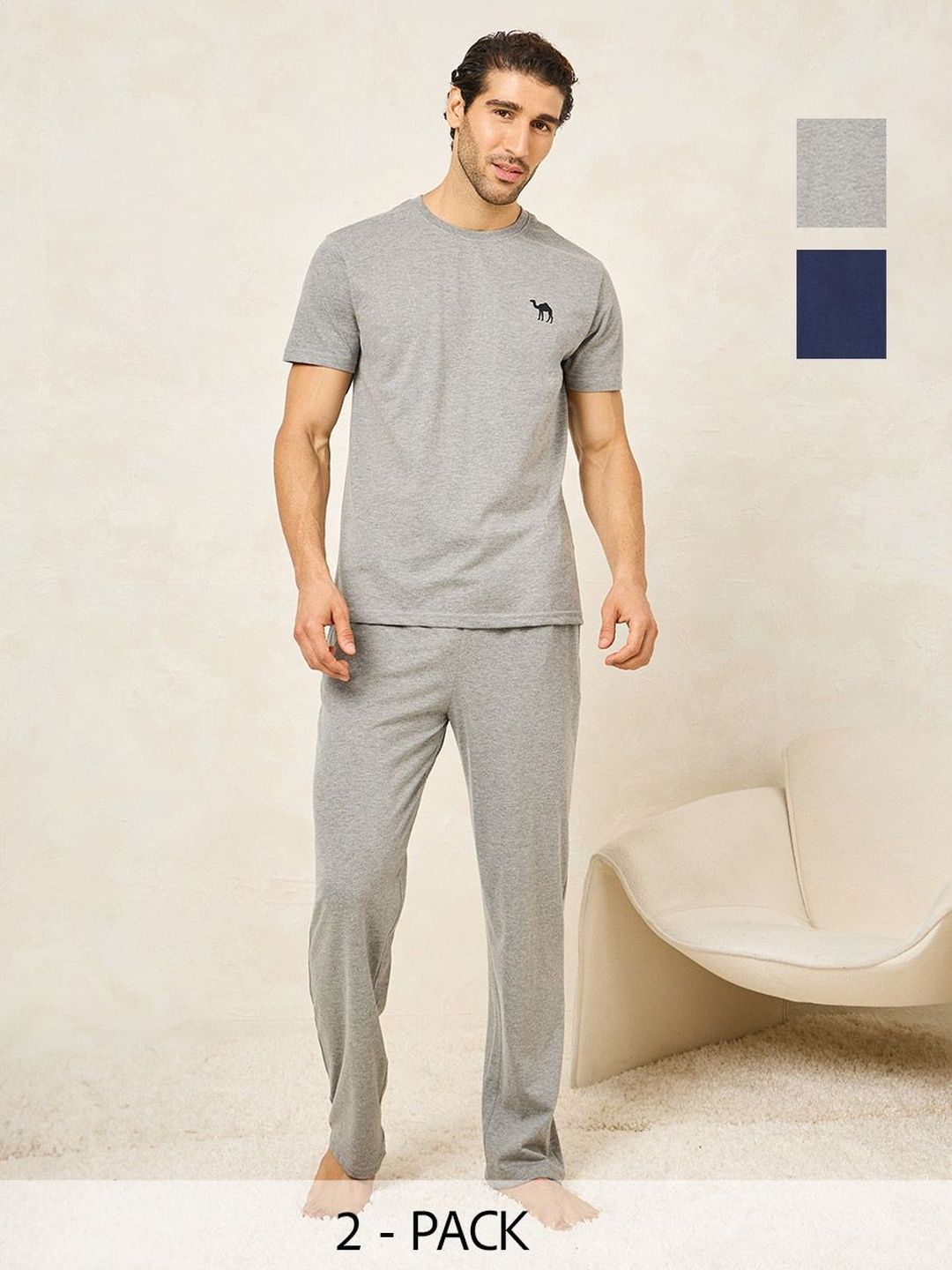 Styli Men Pack Of 2 Round Neck Short Sleeves T-shirt & Pyjama Night Suit