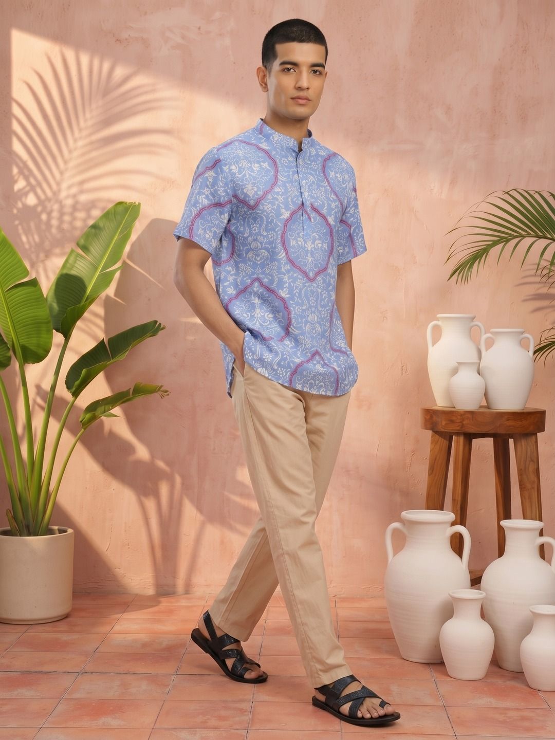 Sangria Band Collar Ethnic Motifs Printed Kurta