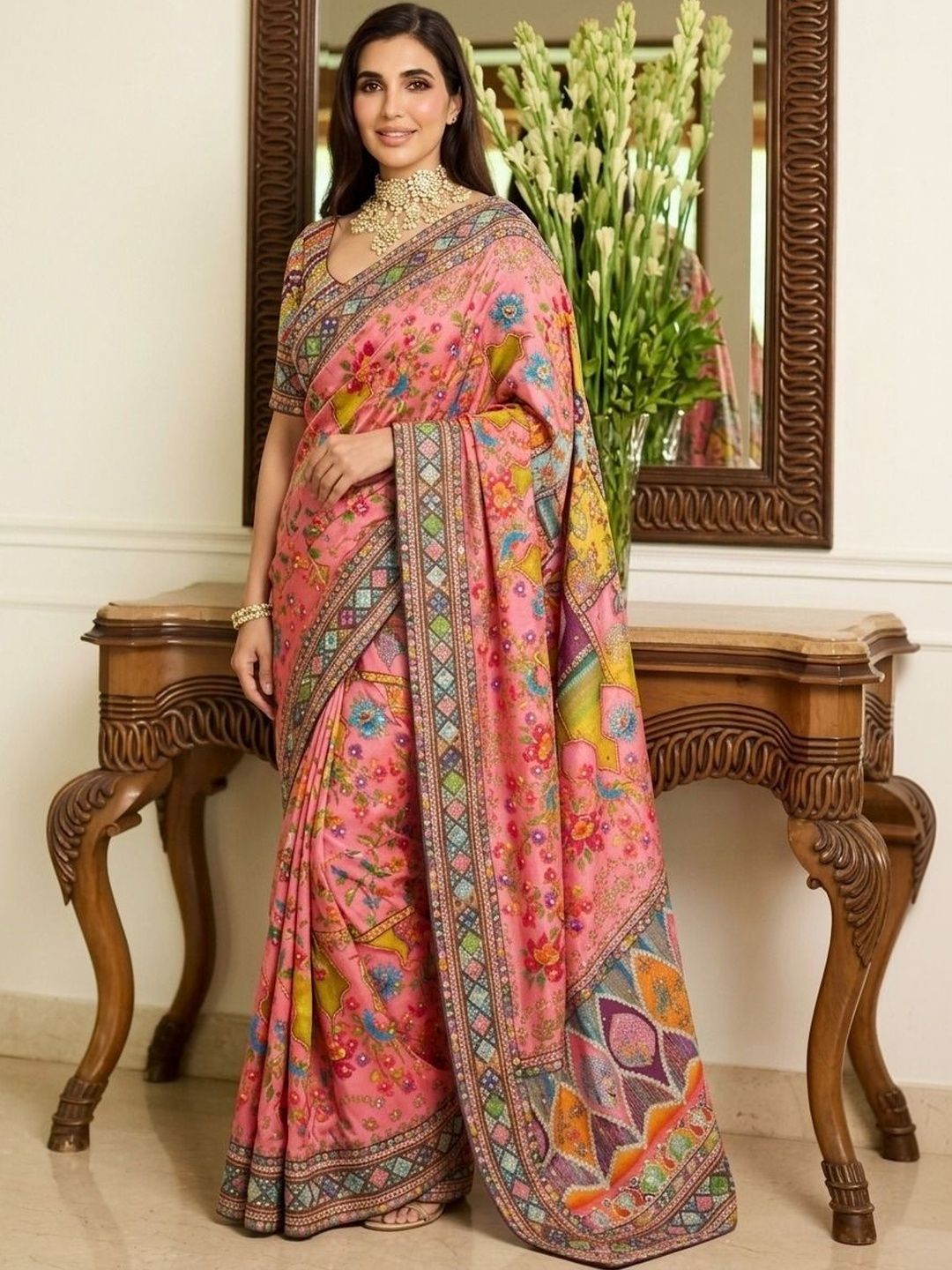 Sangria Sangria Floral Embroidered Pure Chiffon Heavy Work Saree