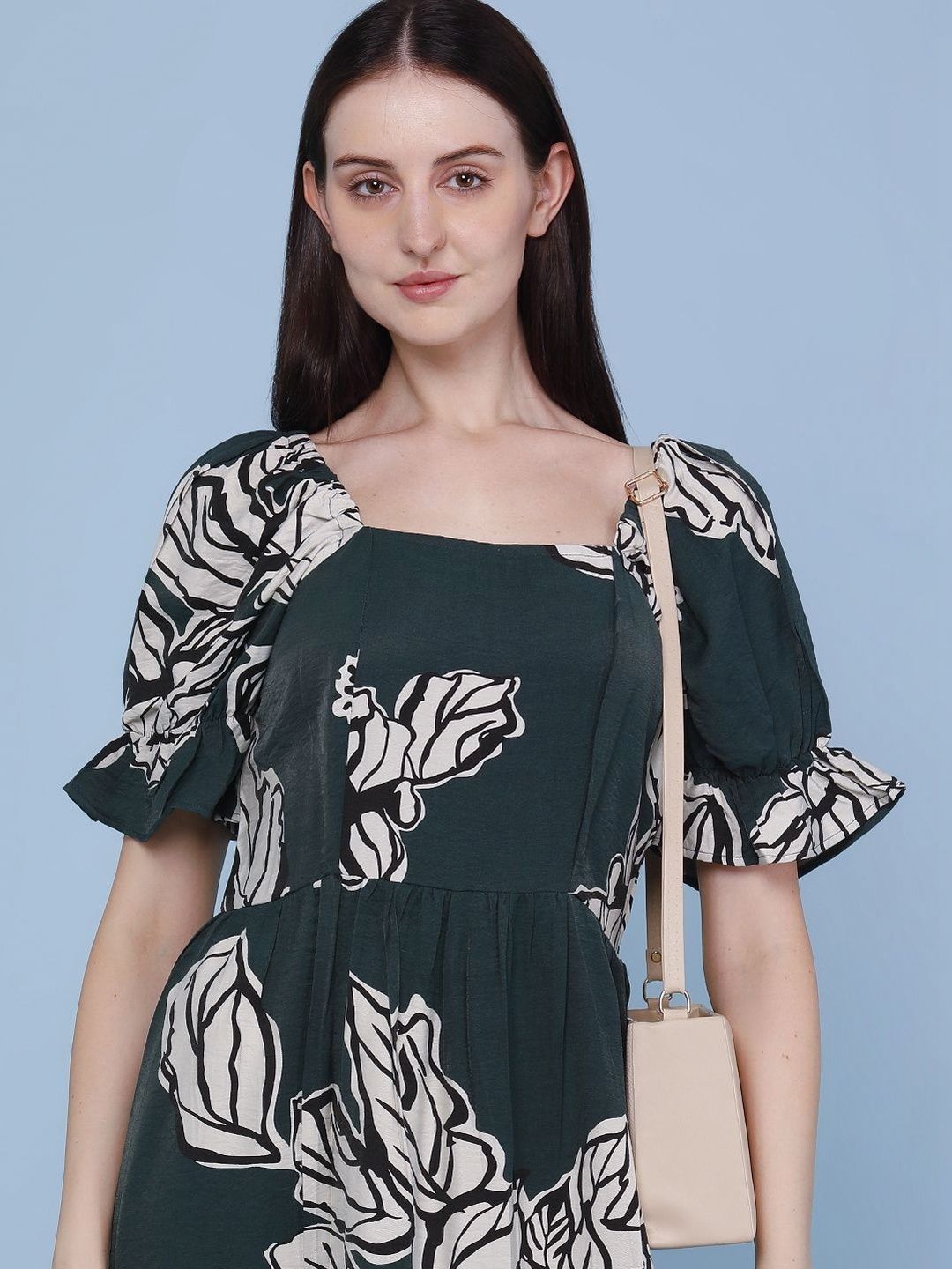 LIMEROAD Floral Print Puff Sleeve A-Line Midi Dress