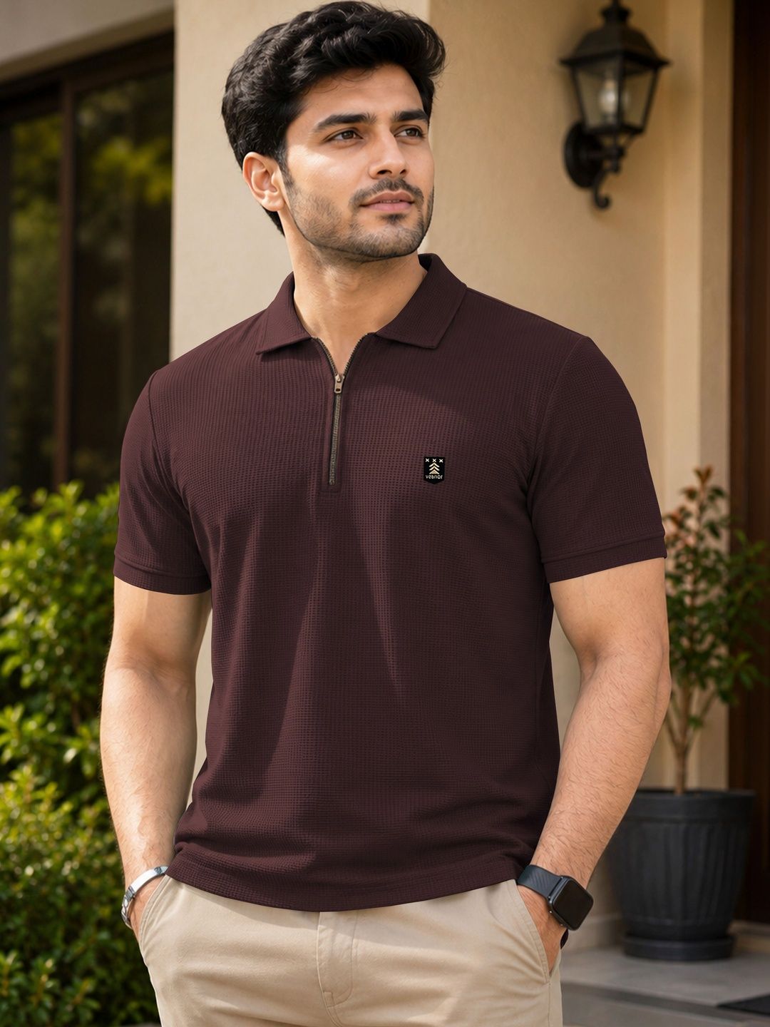 VeBNoR Self Design Polo Collar T-Shirt