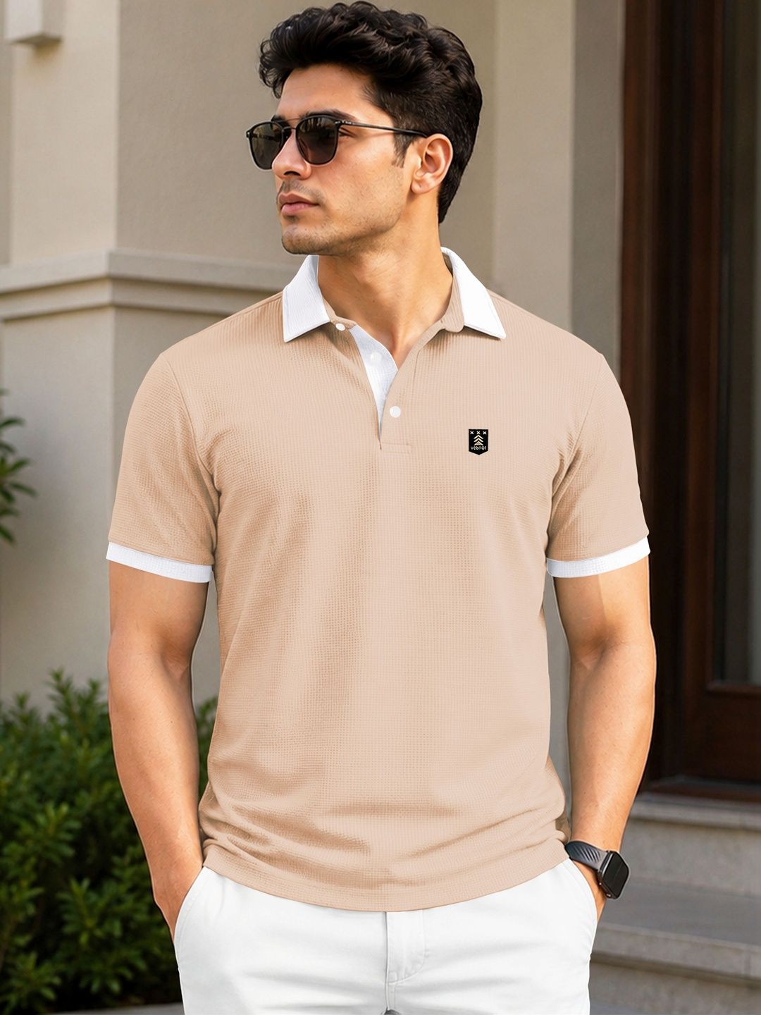VeBNoR Men Brand Logo Polo Collar Pockets T-shirt