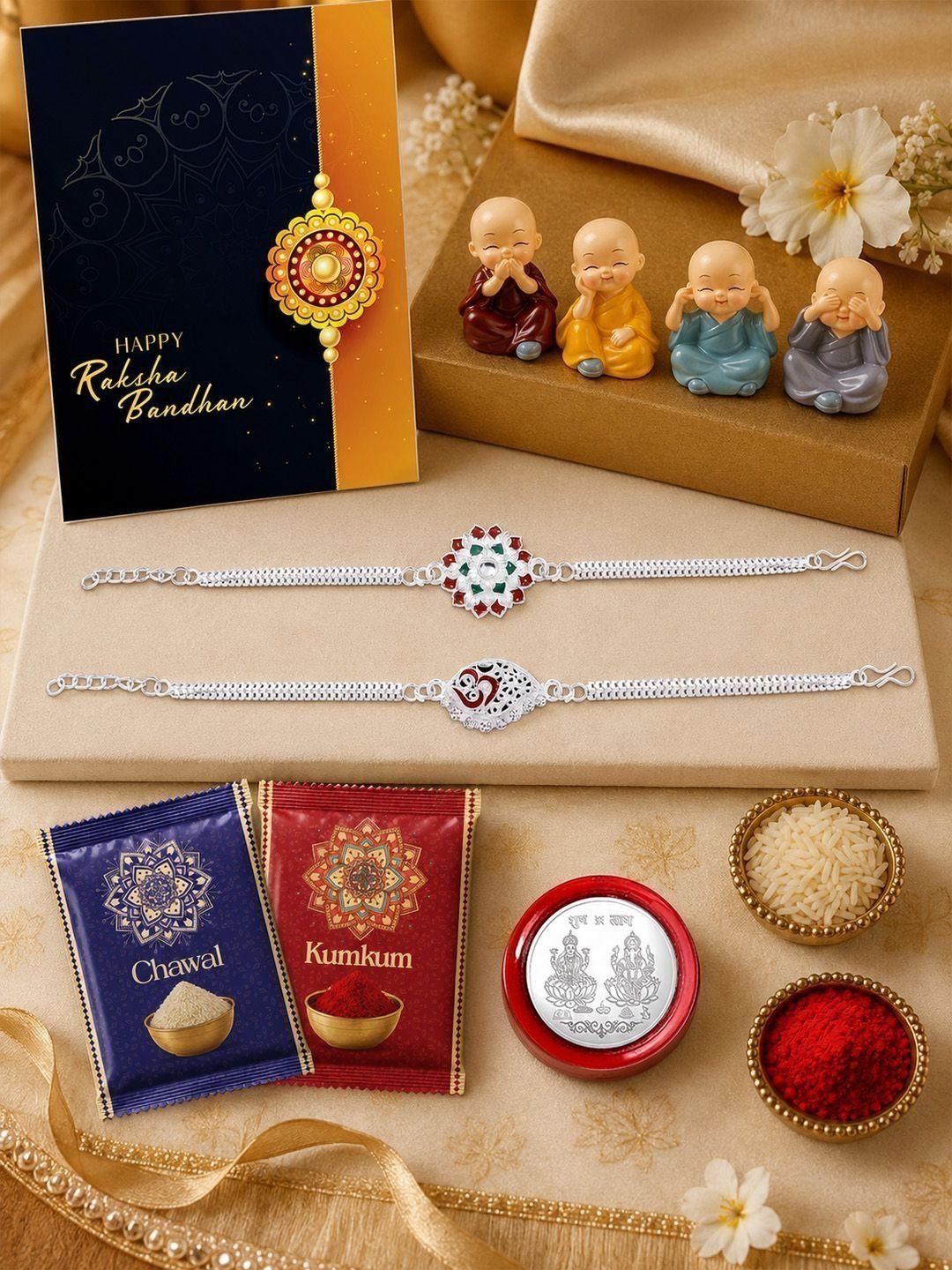 DeoDap Set of 2 Rakhi With Roli Chawal, Silver Toned Coin & Greeting Card