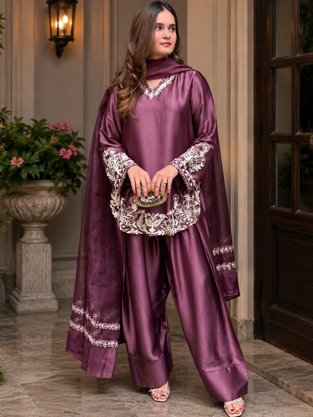 ANITYA Women Ethnic Motifs Embroidered Regular Thread Work Kurta with Palazzos & With Dupatta