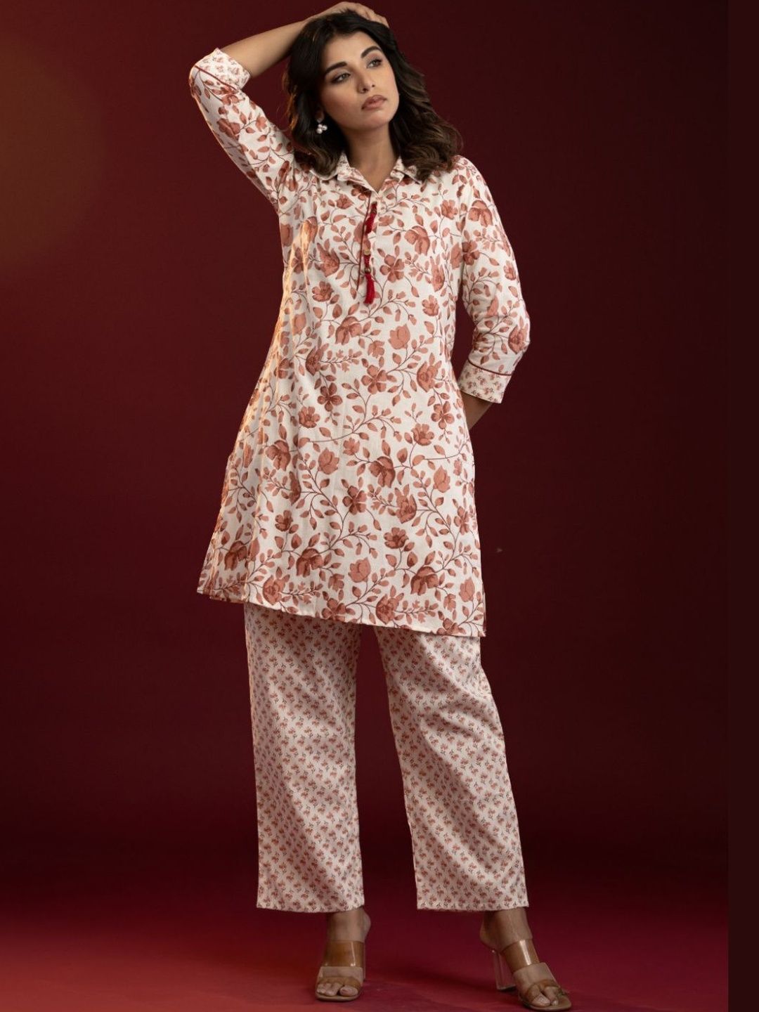 VEDANA Floral Cotton Printed Tunic with Trousers