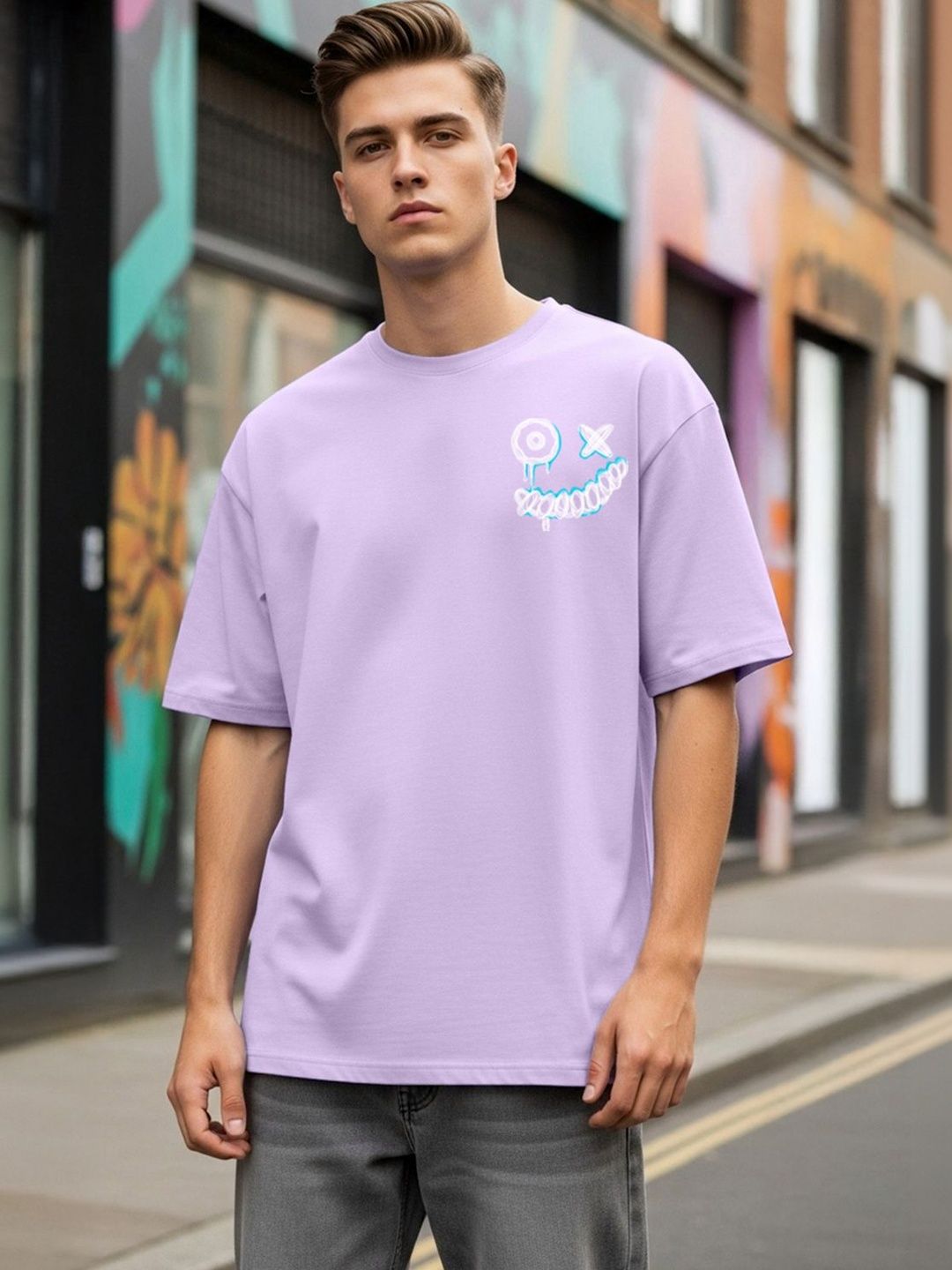 LazyGreg Lavender Relaxed Fit Graphic T-shirt with Drop-Shoulder Sleeves