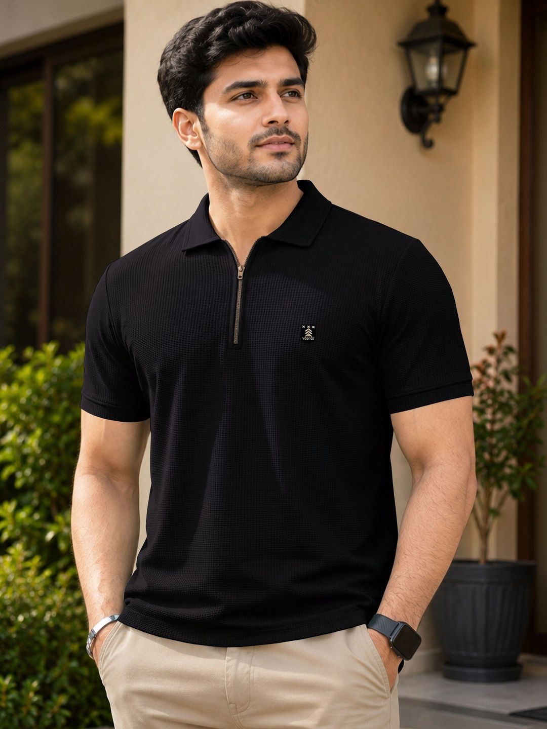 VeBNoR Self Design Polo Collar T-Shirt