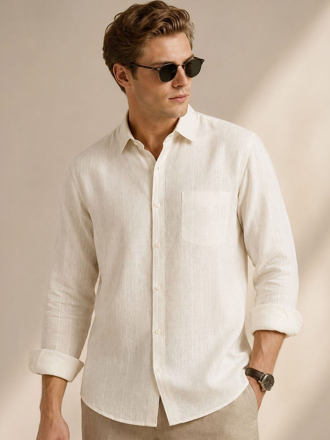 Hancock Men Vertical Striped Linen Slim Fit Formal Shirts