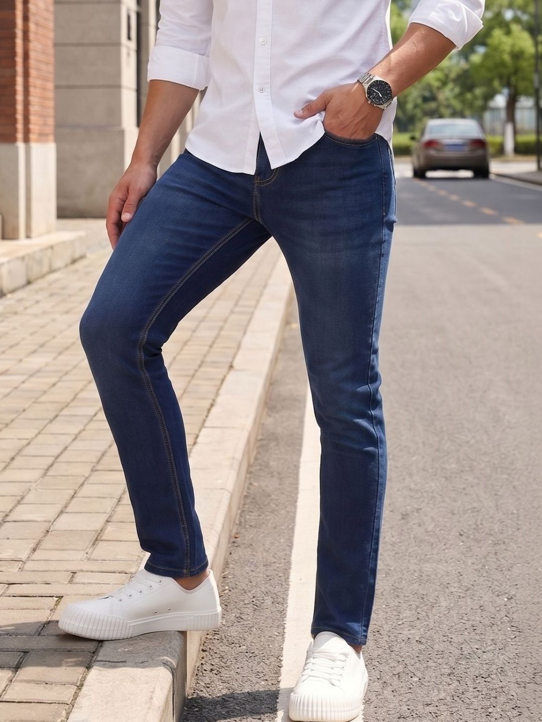 Thomas Scott Men Comfort Slim Fit Mid-Rise Light Fade Stretchable Jeans