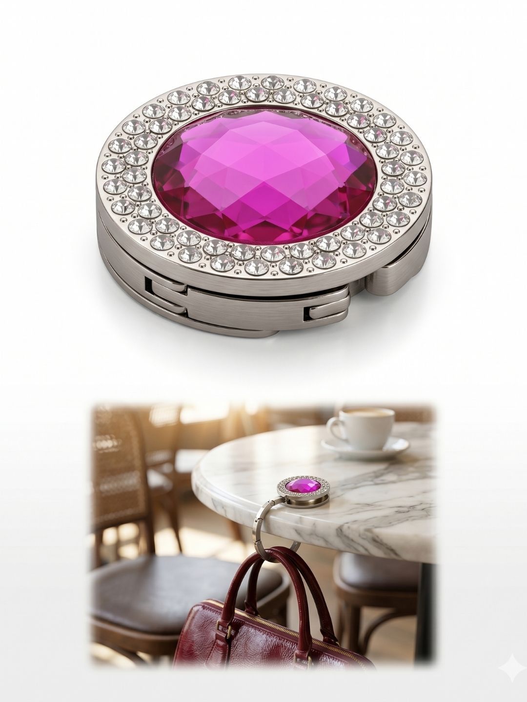 Premsons Purple & White Metal Diamond Round Shape Foldable Purse Holder Hook