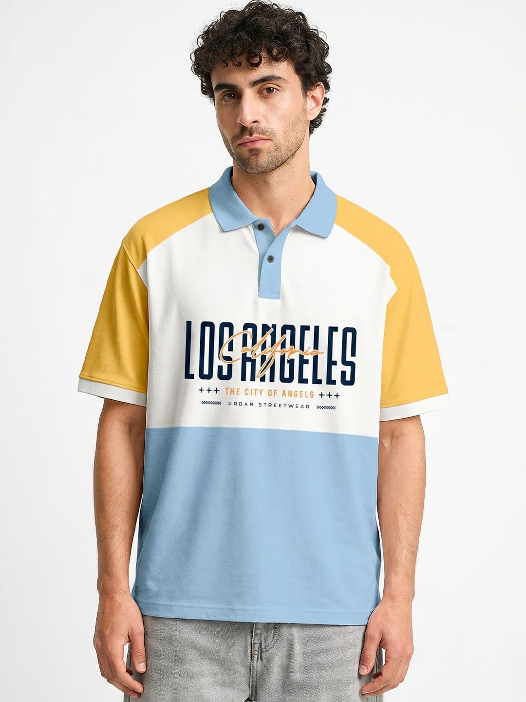Crazymonk Men Typography Printed Polo Collar Cotton Oversized T-shirt
