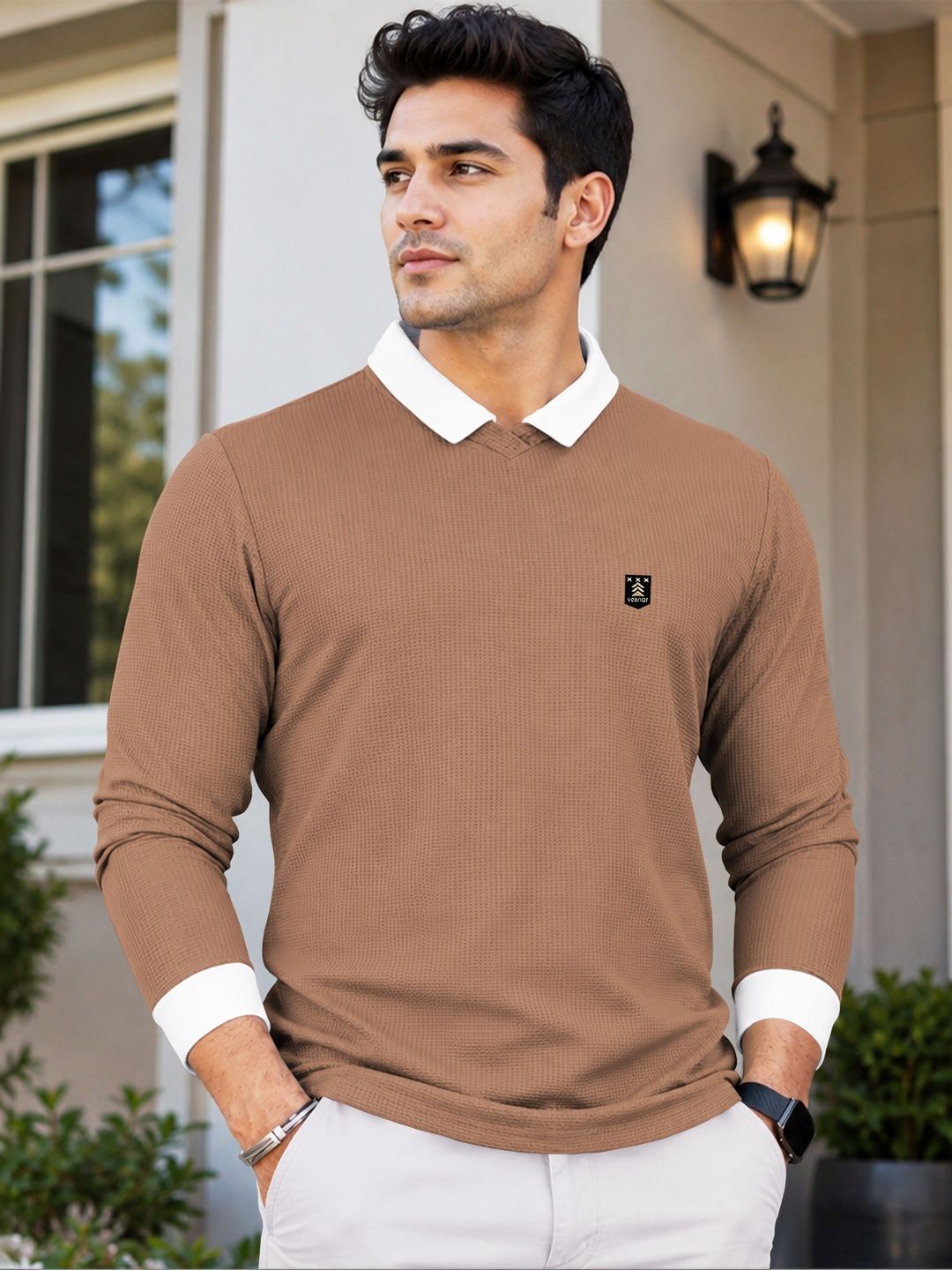 VeBNoR Self Design Polo Collar T-Shirt