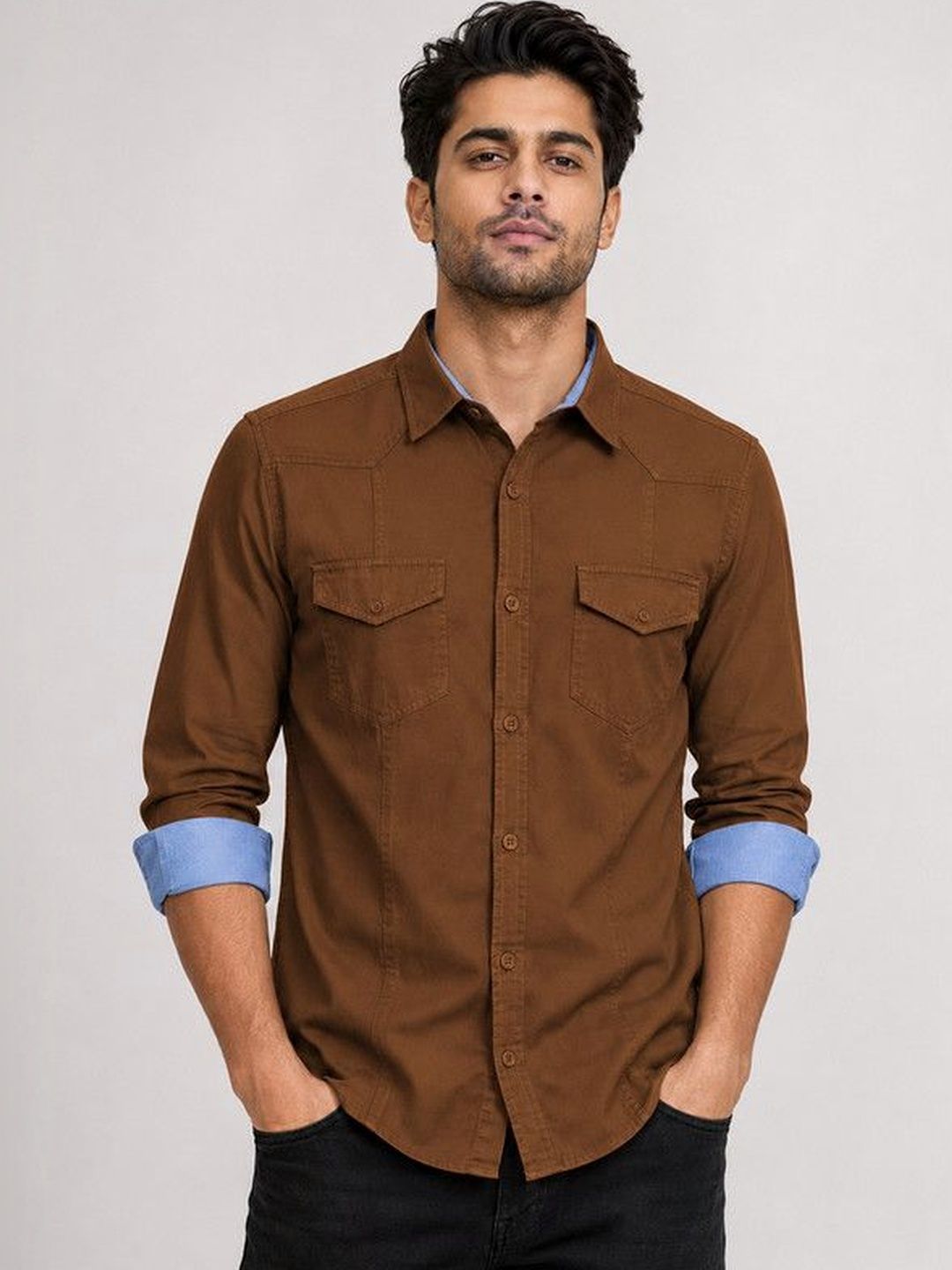 FRANKSHIRT Men Dusty Brown Solid Cargo Cotton Regular Fit Full Sleeve Casual Shirt
