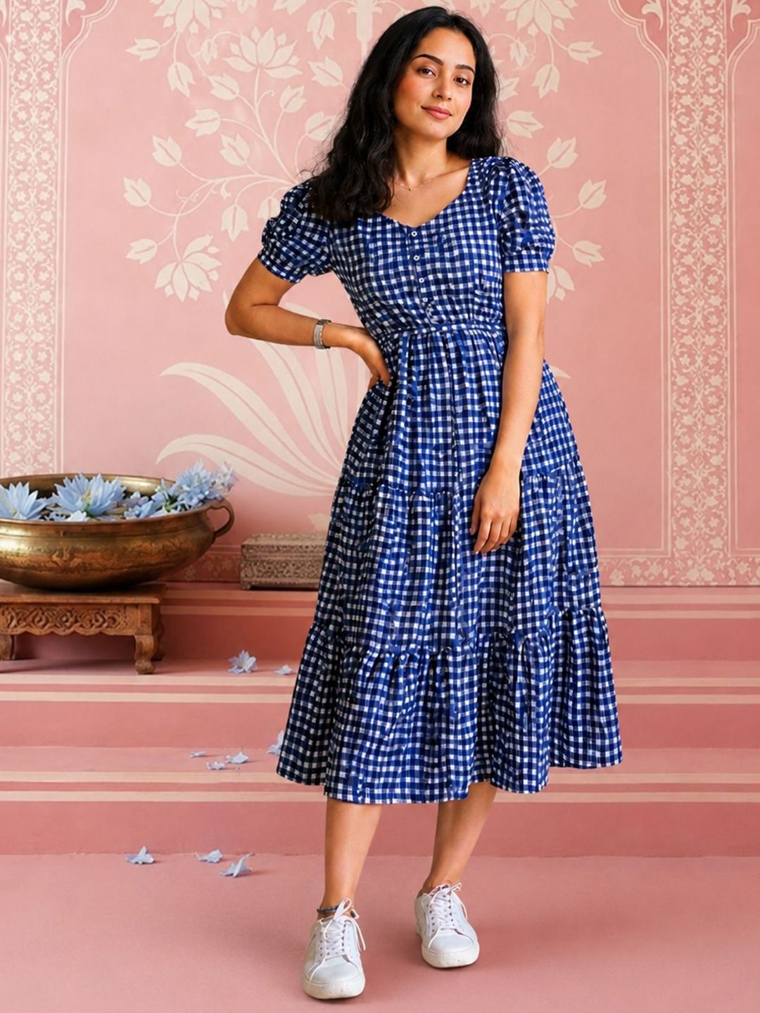 NAVYAAZRI Checked Puff Sleeve A-Line Midi Dress