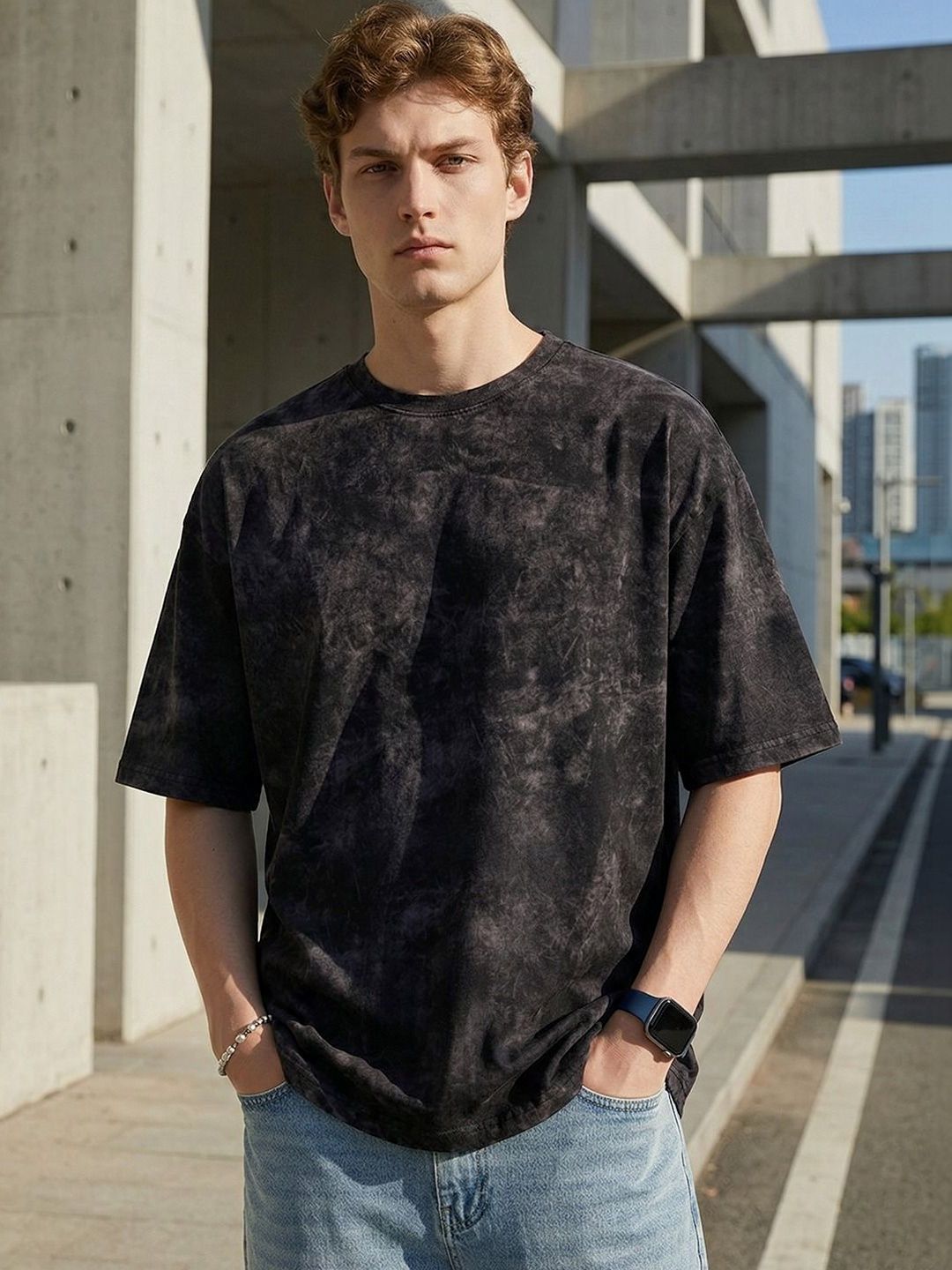 Leotude Men Tie and Dye Dyed Drop-Shoulder Sleeves T-shirt