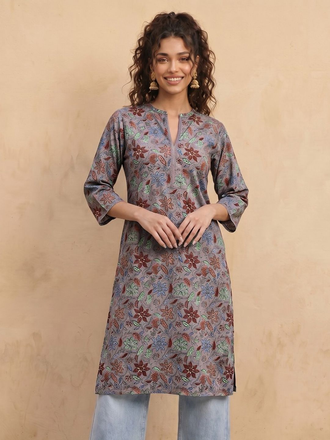fusion by glitchez Floral Printed Mandarin Collar Straight Kurta