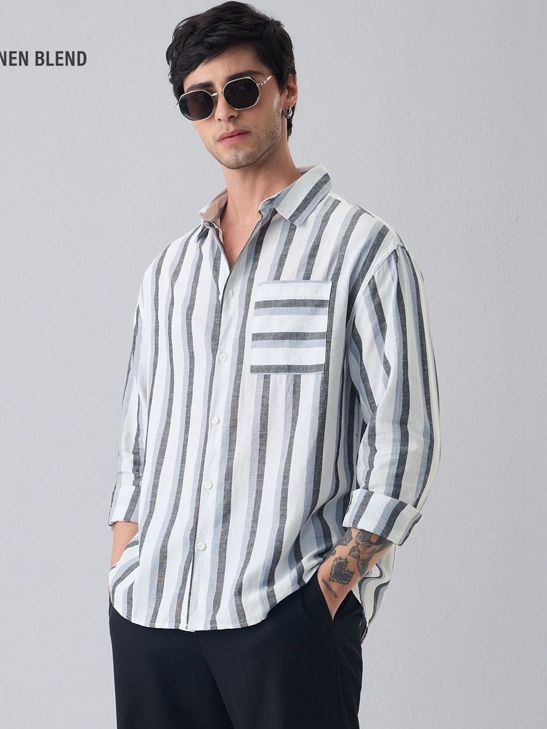 The Souled Store The Souled Store Men Regular Fit Cotton Linen Striped White Cotton Linen Shirts