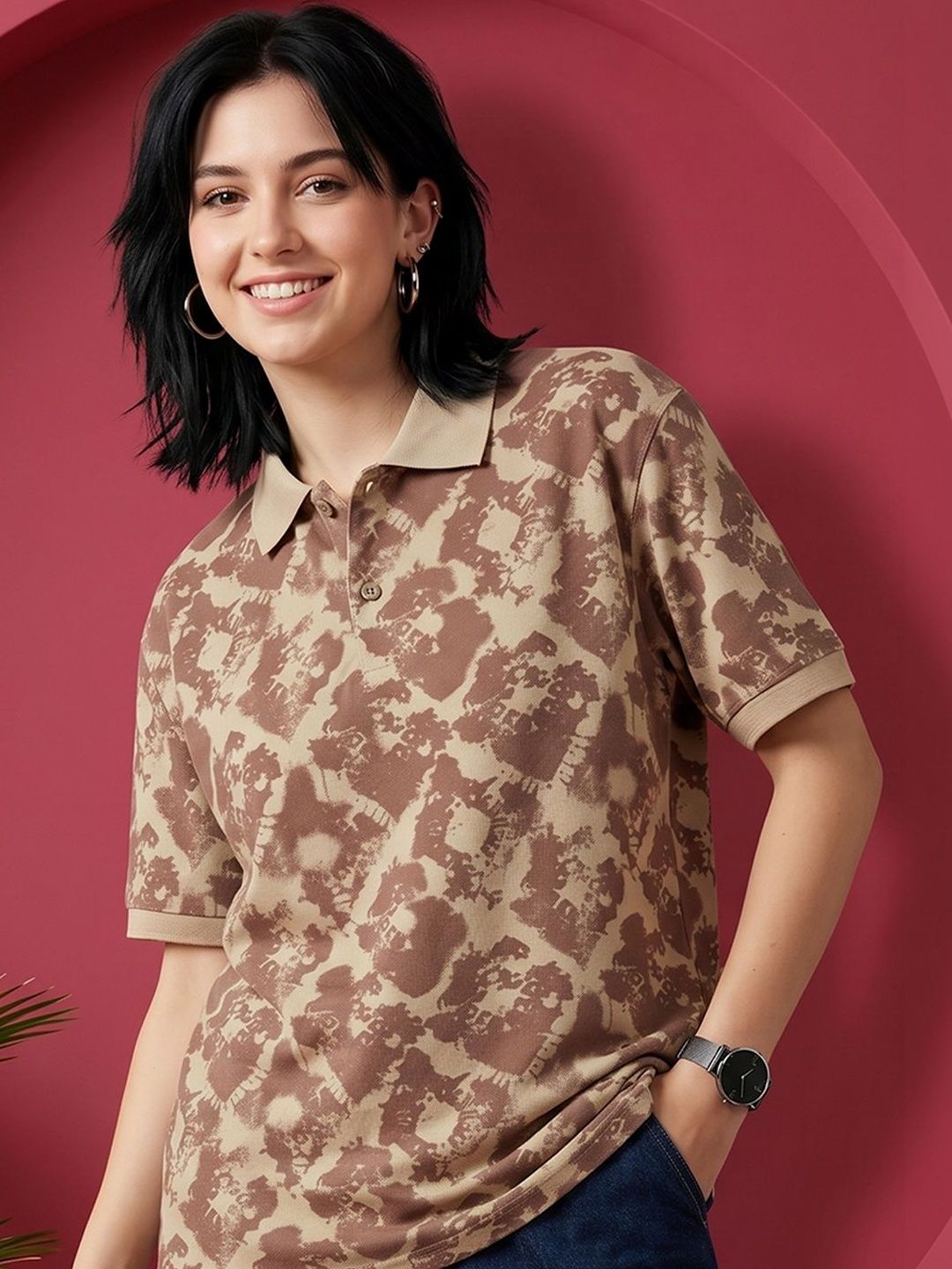 Moda Rapido Women Printed Polo Collar T-shirt