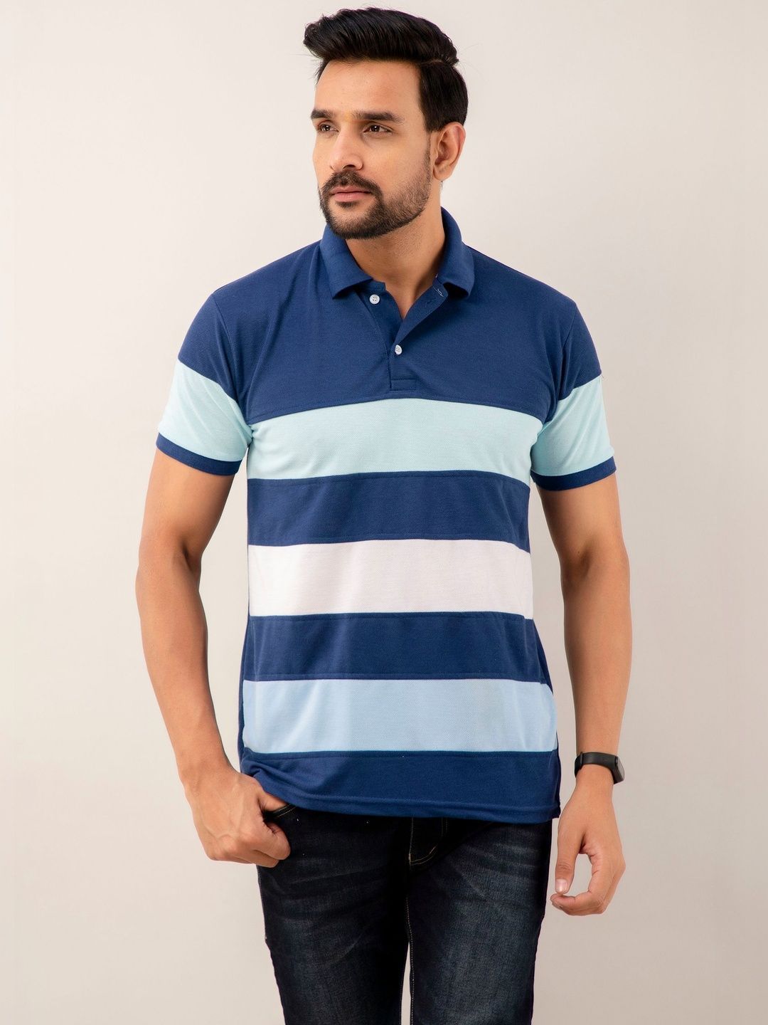STYLE ACCORD Men Striped Polo Collar T-shirt