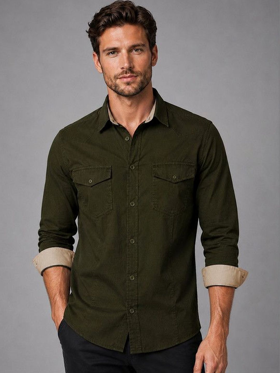 FRANKSHIRT Men Bottle Green Solid Cargo Cotton Regular Fit Full Sleeve Casual Shirt