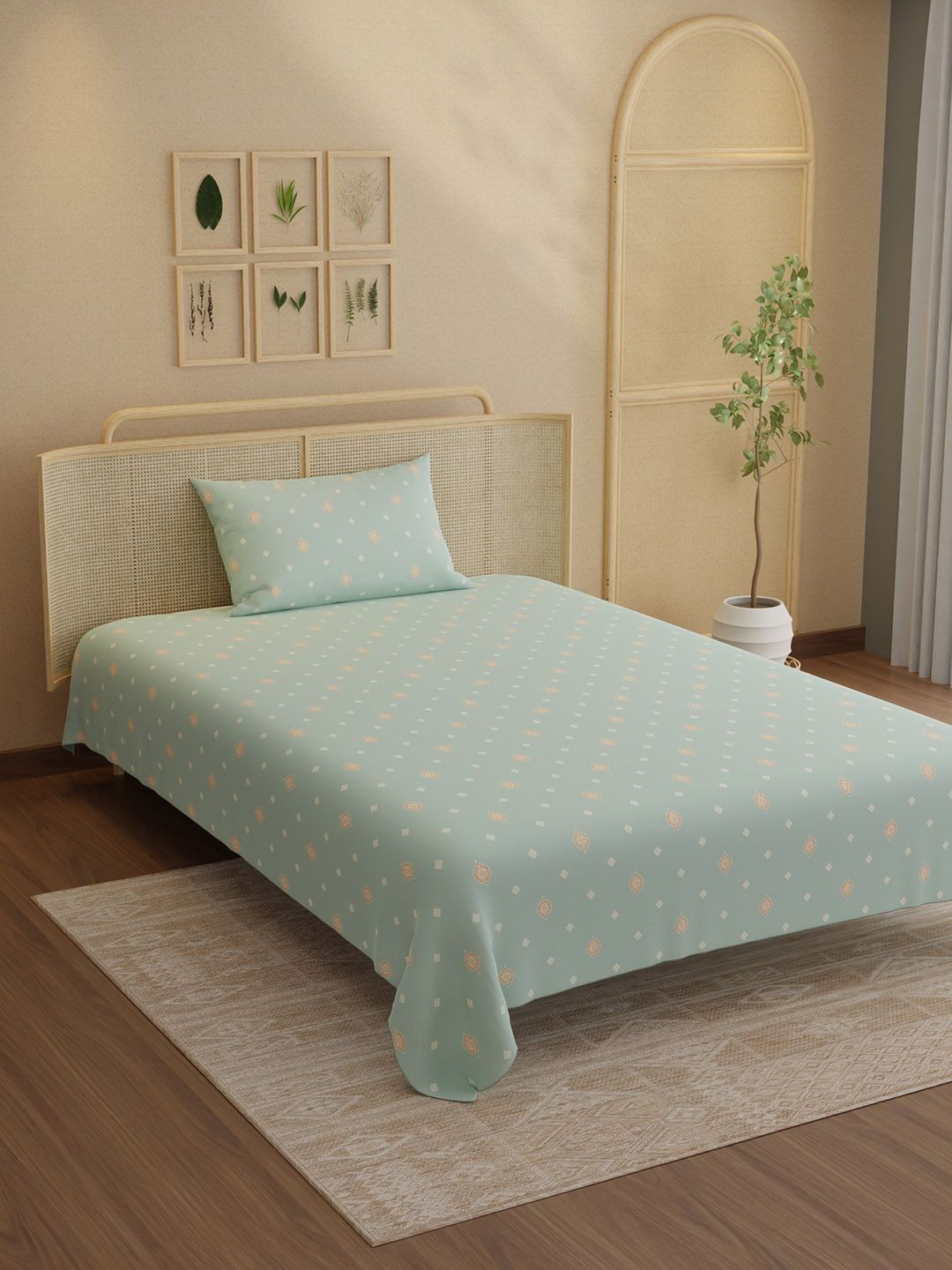 Boutique Living India Boutique Living India Grey & Peach-Coloured Ethnic Motifs 200 TC Single Bedsheet with 1 Pillow Covers