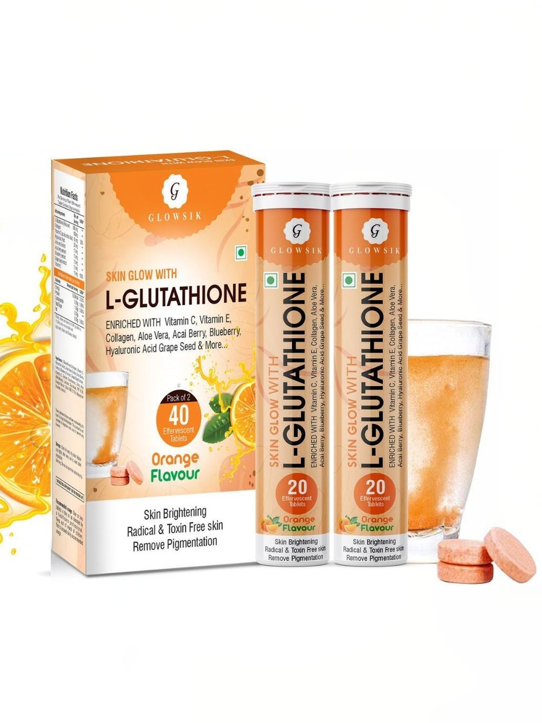 Buy G GLOWSIK Set Of 2 Glutathione Skin Glow Effervescent Tablets - 20 Tabs Each - Skin Supplements for Unisex 43164443