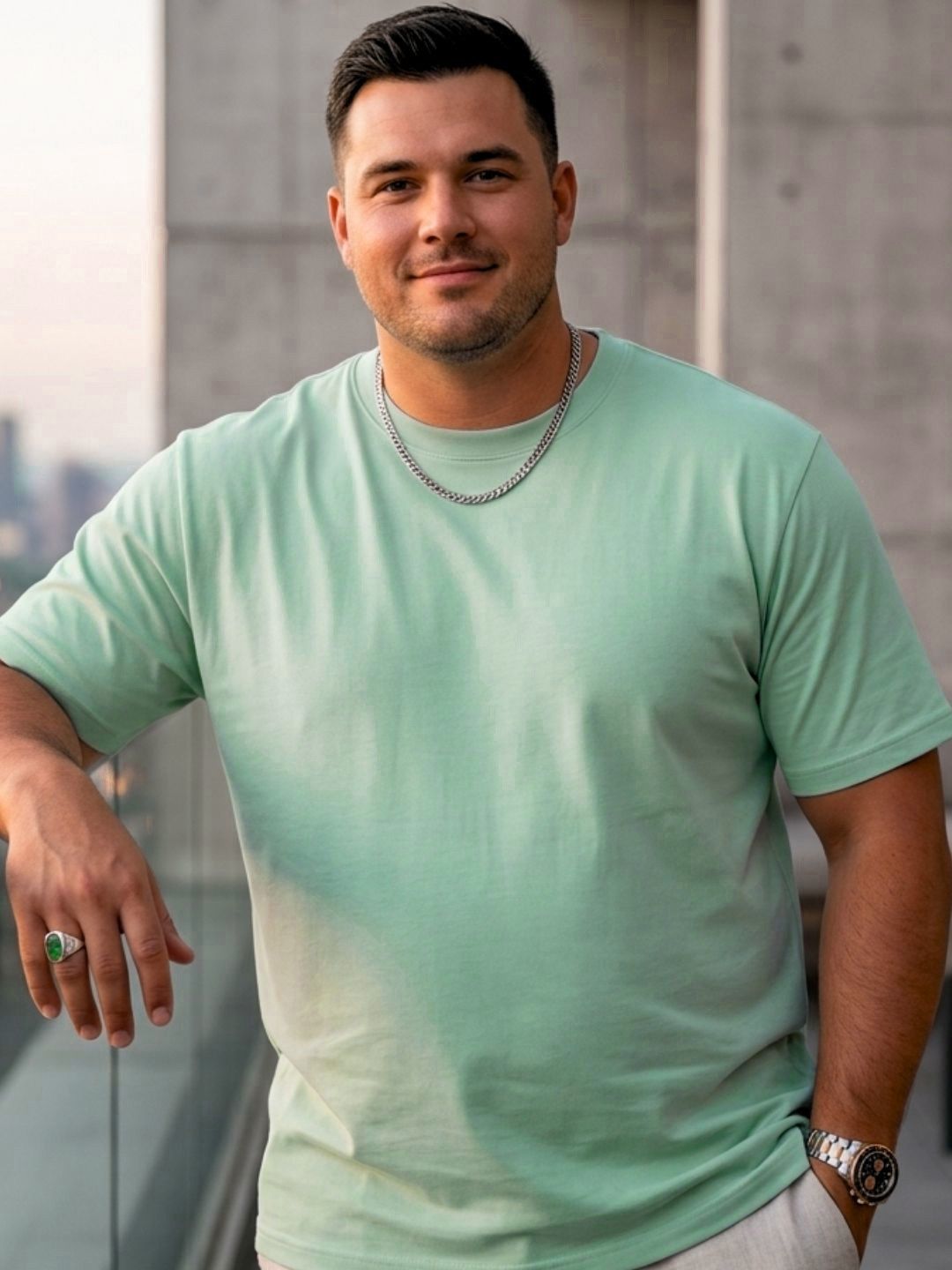 HERE&NOW Rigo Plus Size Men Jade Solid Round Neck Regular Fit Cotton T-shirt