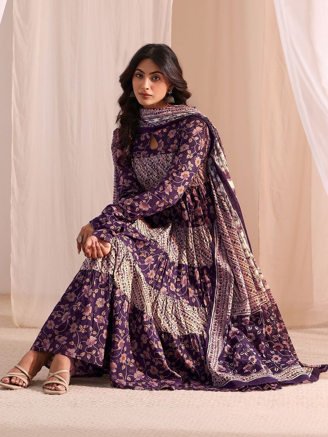 Libas Libas Women Floral Printed Panelled Kurta with Churidar & With Dupatta
