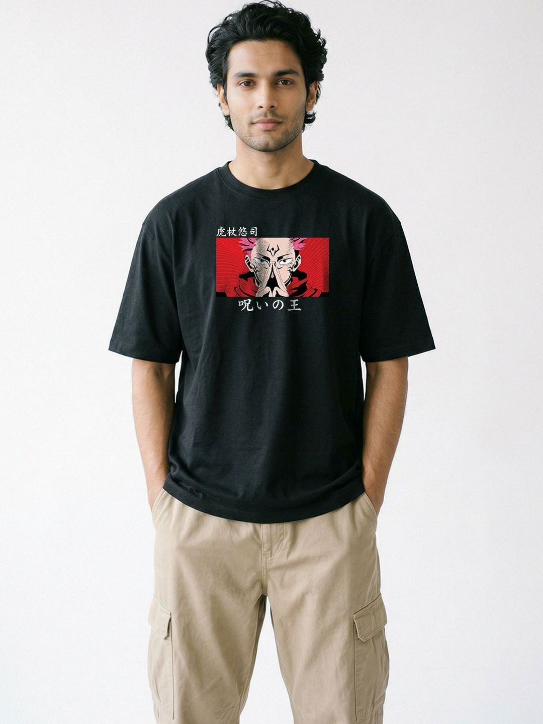 Crazymonk Roymen Sukuna Anime Printed Drop-Shoulder Sleeves Cotton Oversized T-shirt