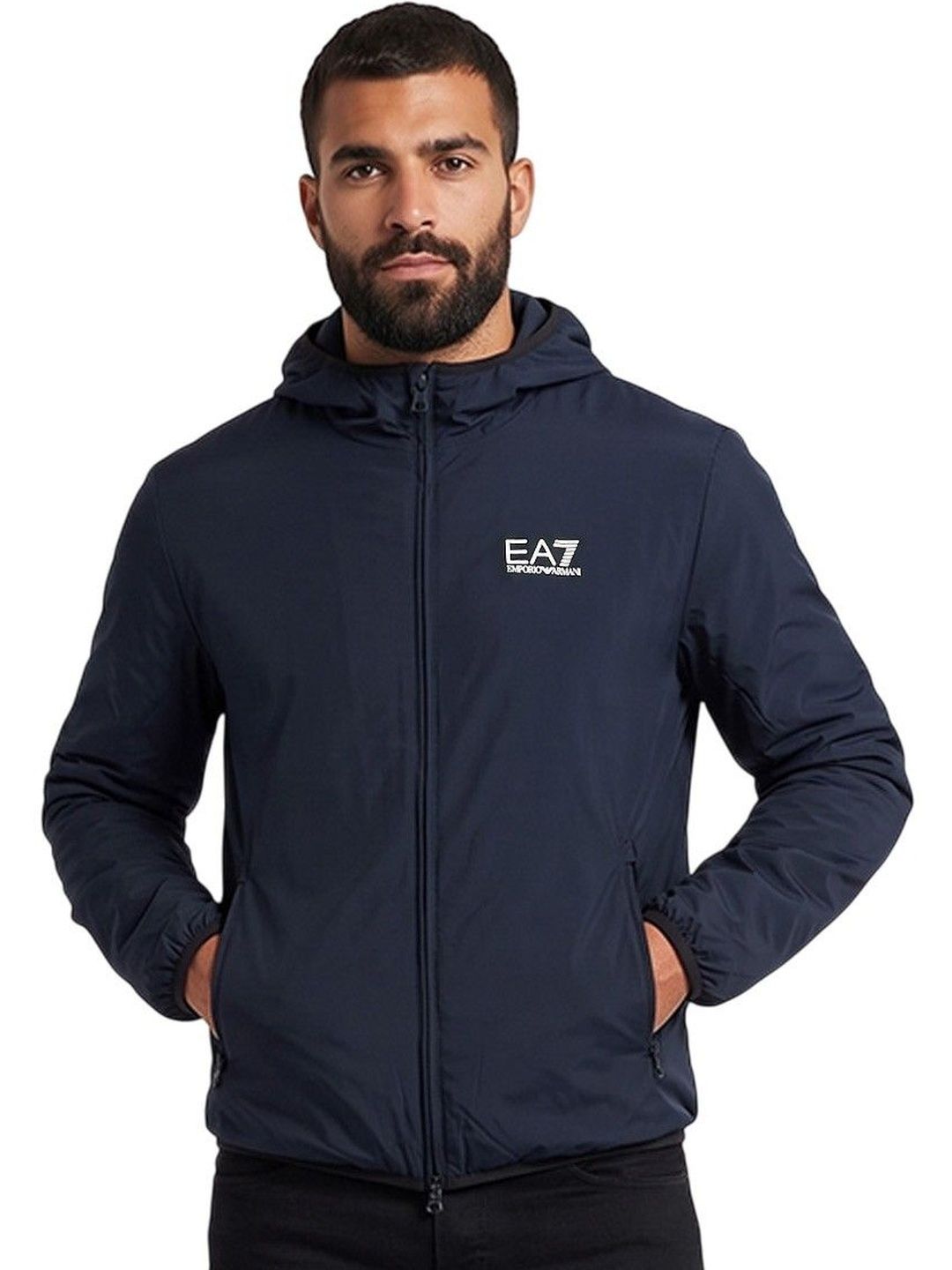 EA7 Emporio Armani Navy Blue Solid Hood Jacket