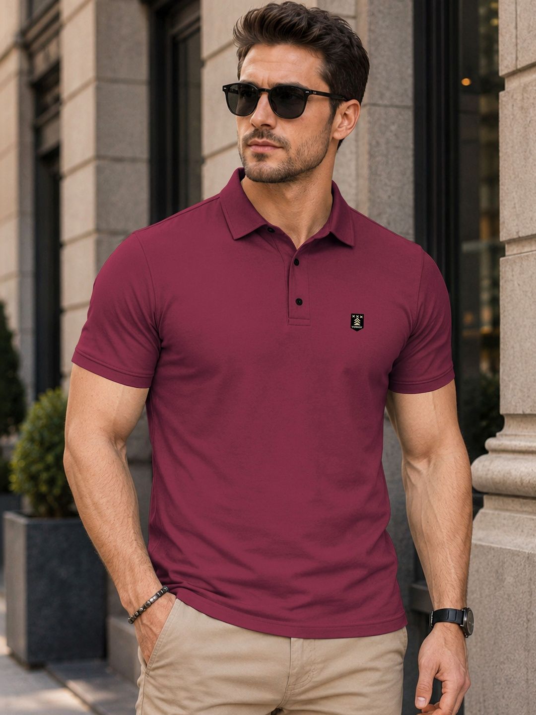 VeBNoR Men Brand Logo Polo Collar Pockets T-shirt