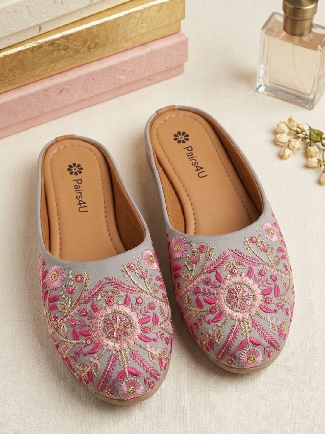 Pairs4U Women Embellished Party Mules with Embroidered Flats