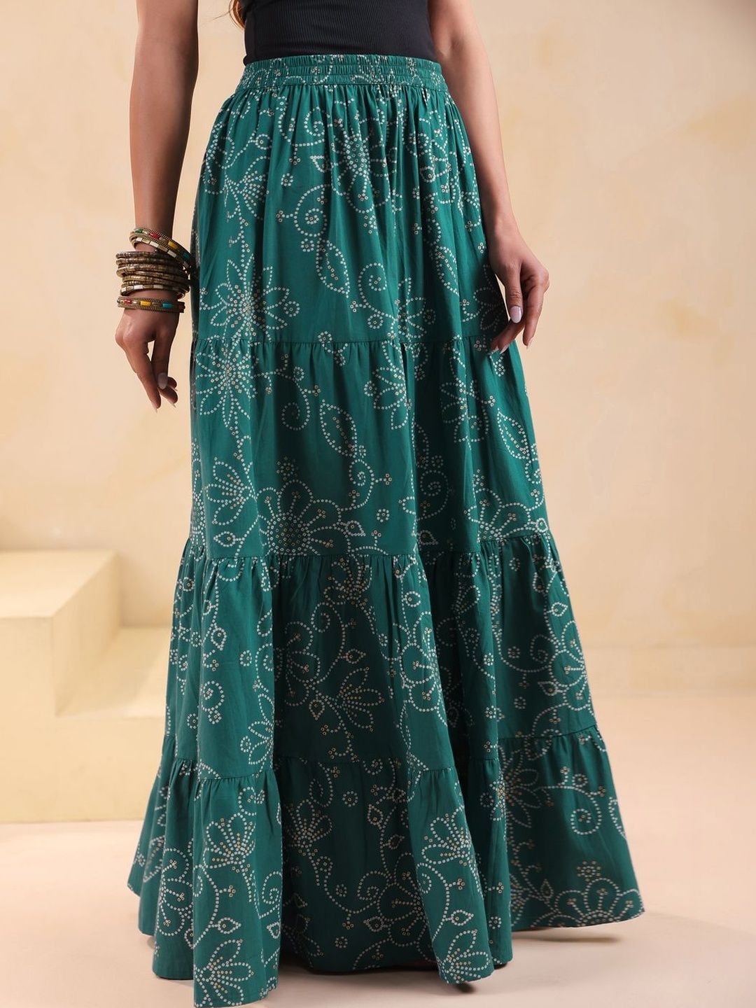 Rimeline Women Printed Pure Cotton Flared Maxi Skirts