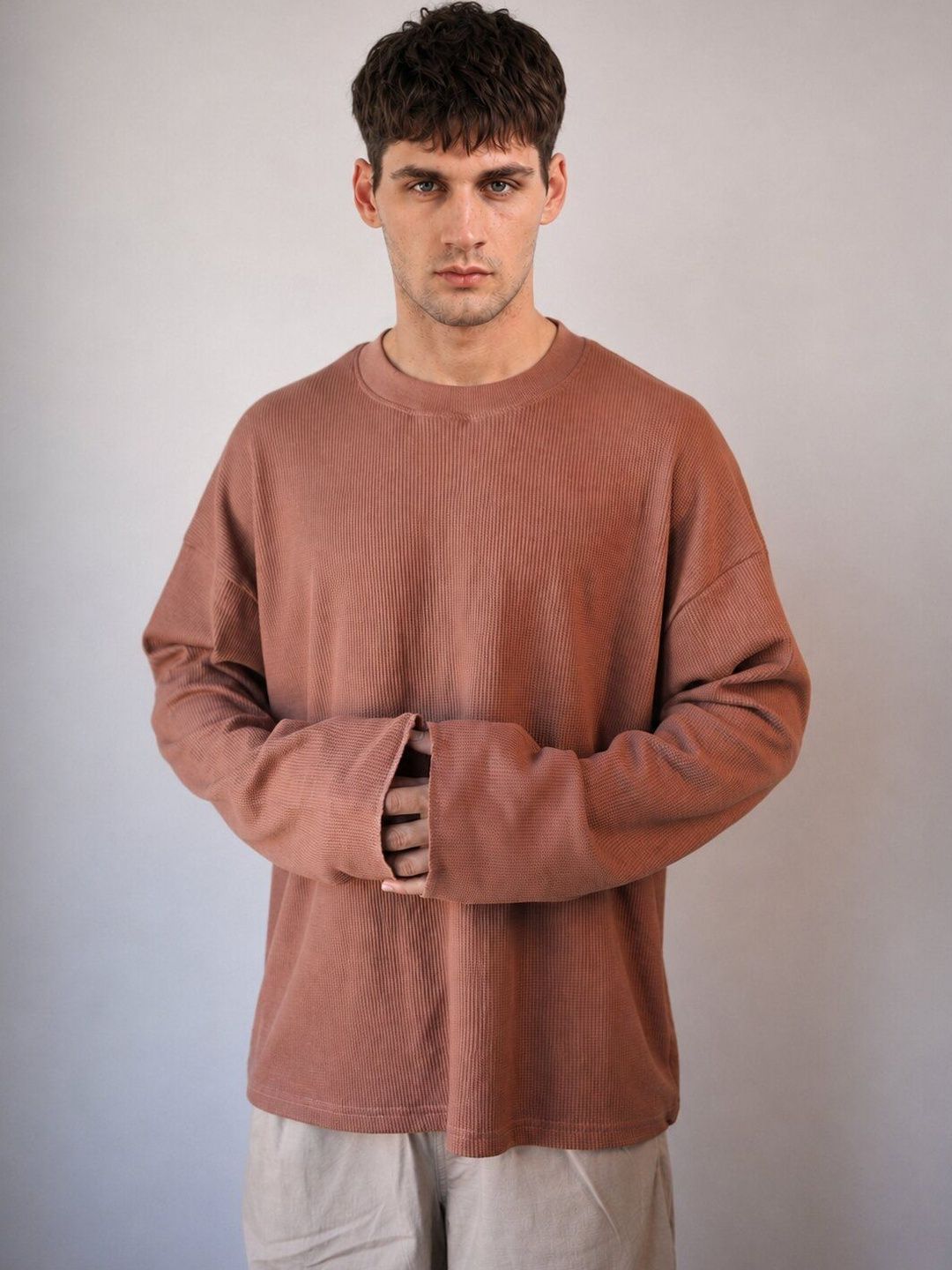 MOHICANS MOHICANS Round Neck Drop-Shoulder Waffle Textured T-shirt