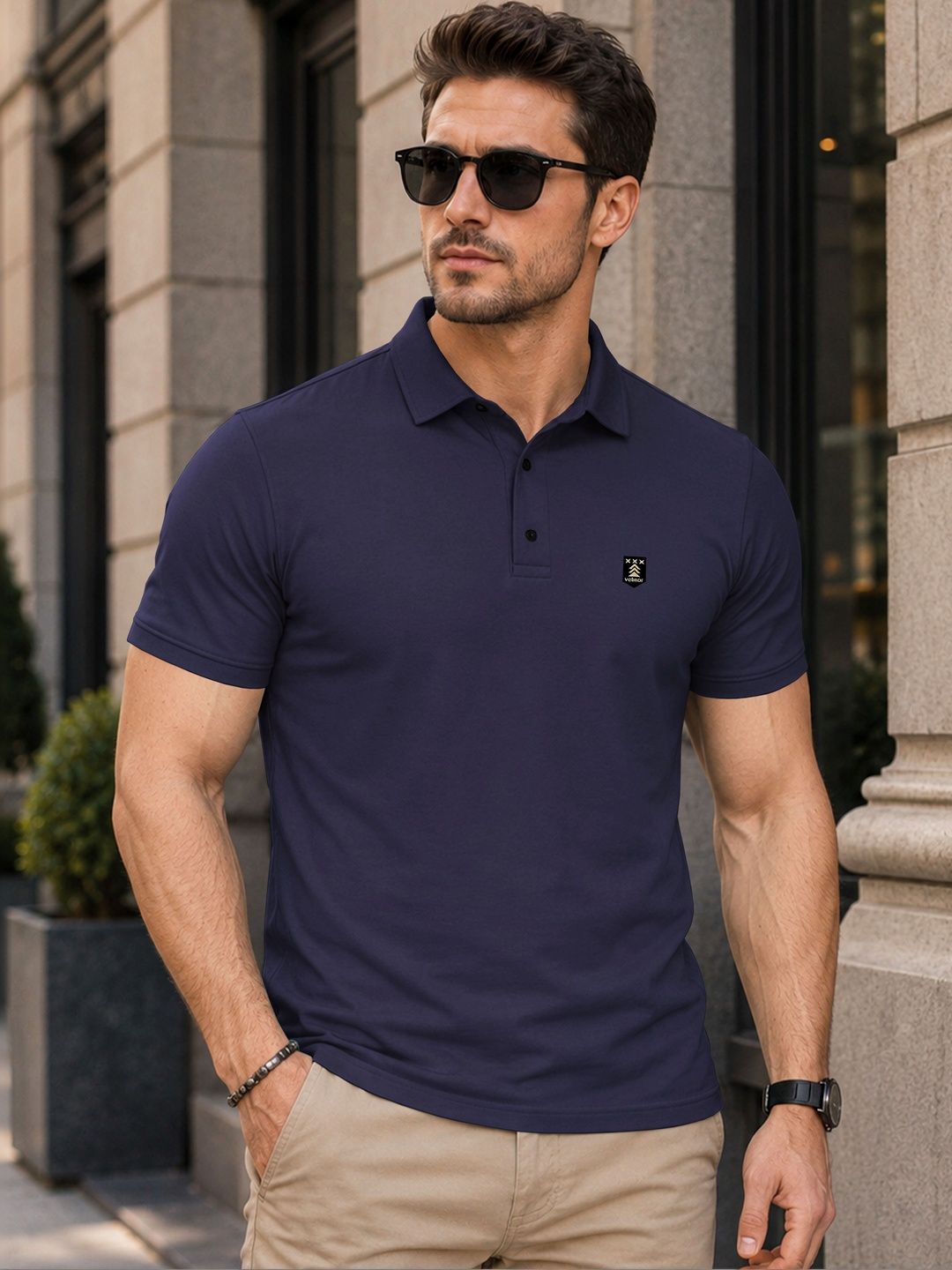 VeBNoR Men Brand Logo Polo Collar Pockets T-shirt