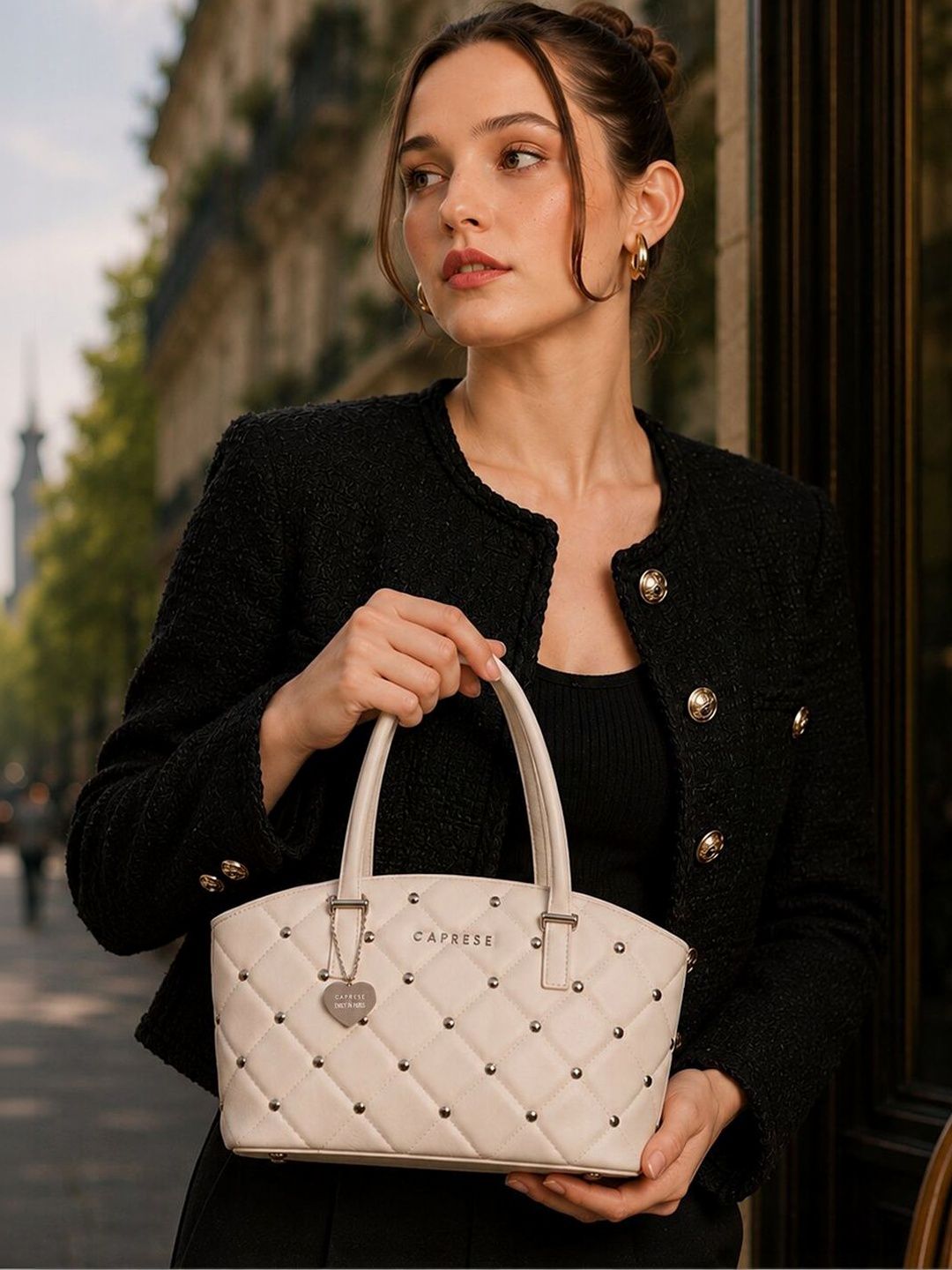 Structured Shoulder Bag with Quilted Caprese X Emily in Paris Ashley White Medium Women Tote Bag