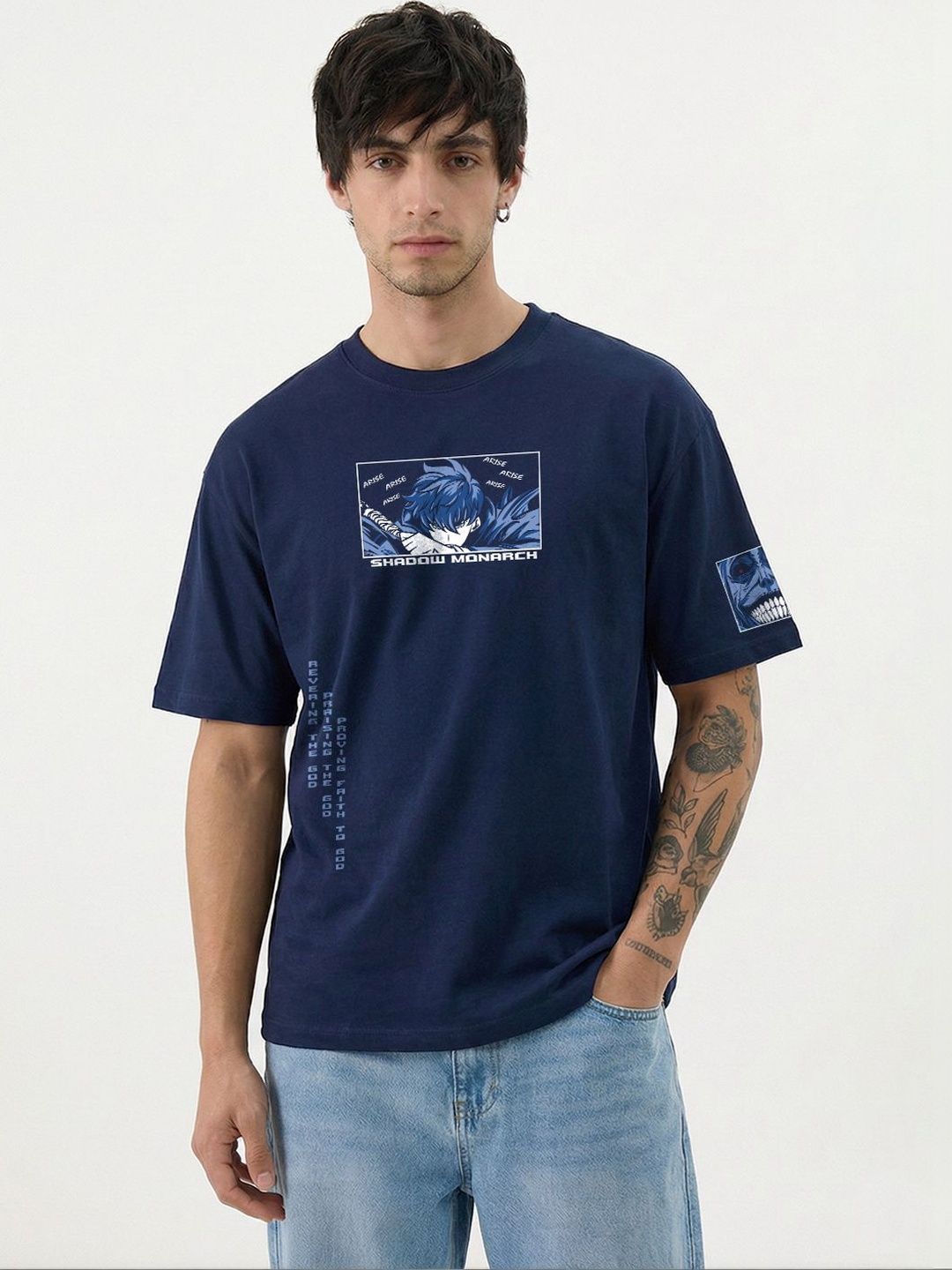 Crazymonk Men Arise of Jin Woo Solo Leveling Printed Anime Oversized Cotton T-shirt