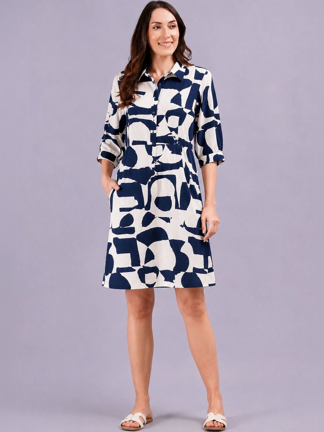 ADIHYAA Women Abstract Printed Viscose Knee Length Shirt Dress